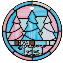 Transgender pride ornament front view with pastel pink blue white tree design