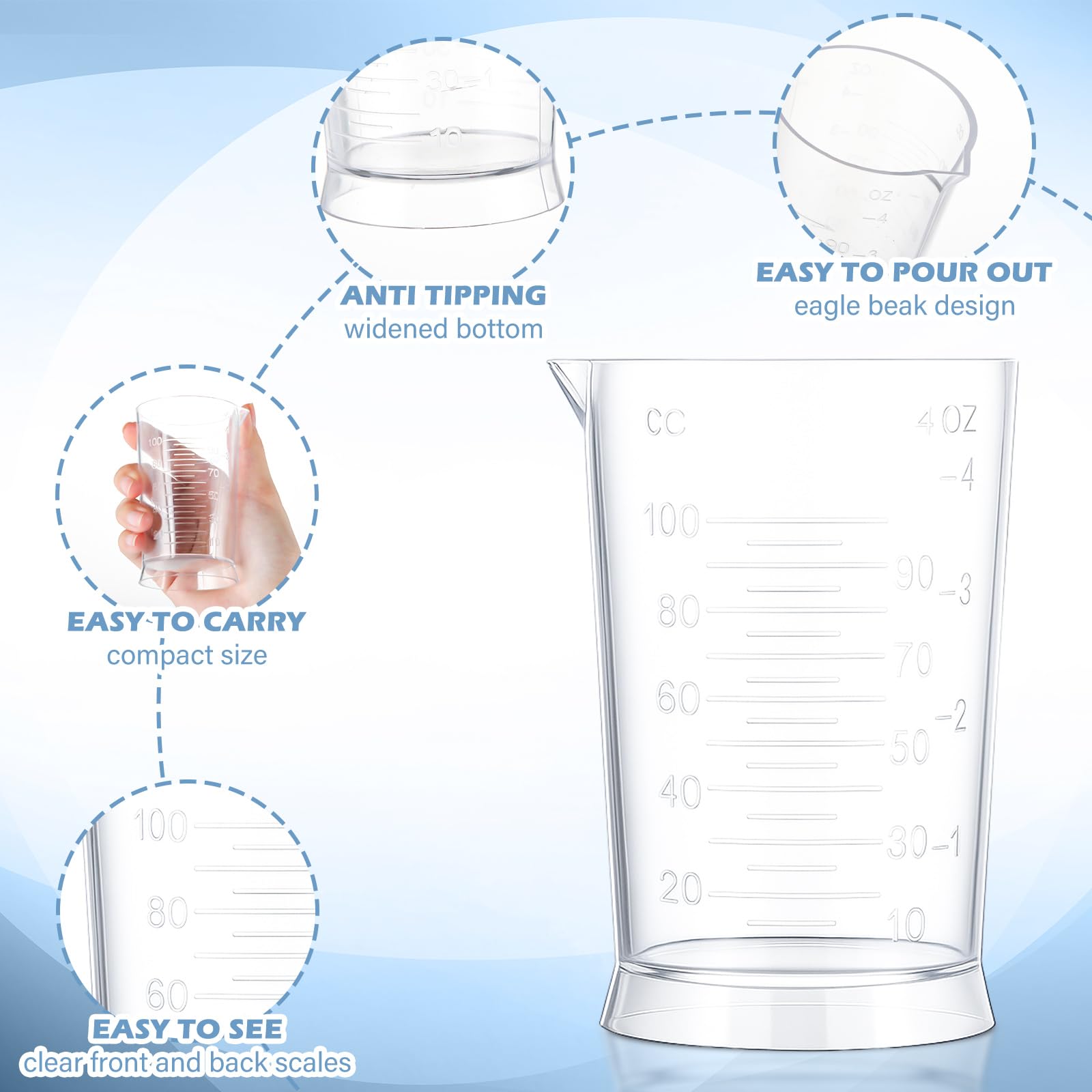 Dye measuring cups with widened base for stability