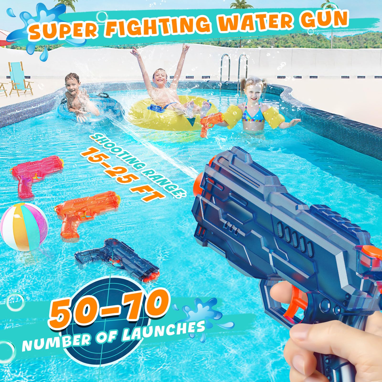 Lightweight water guns weighing about 0.15 pounds each