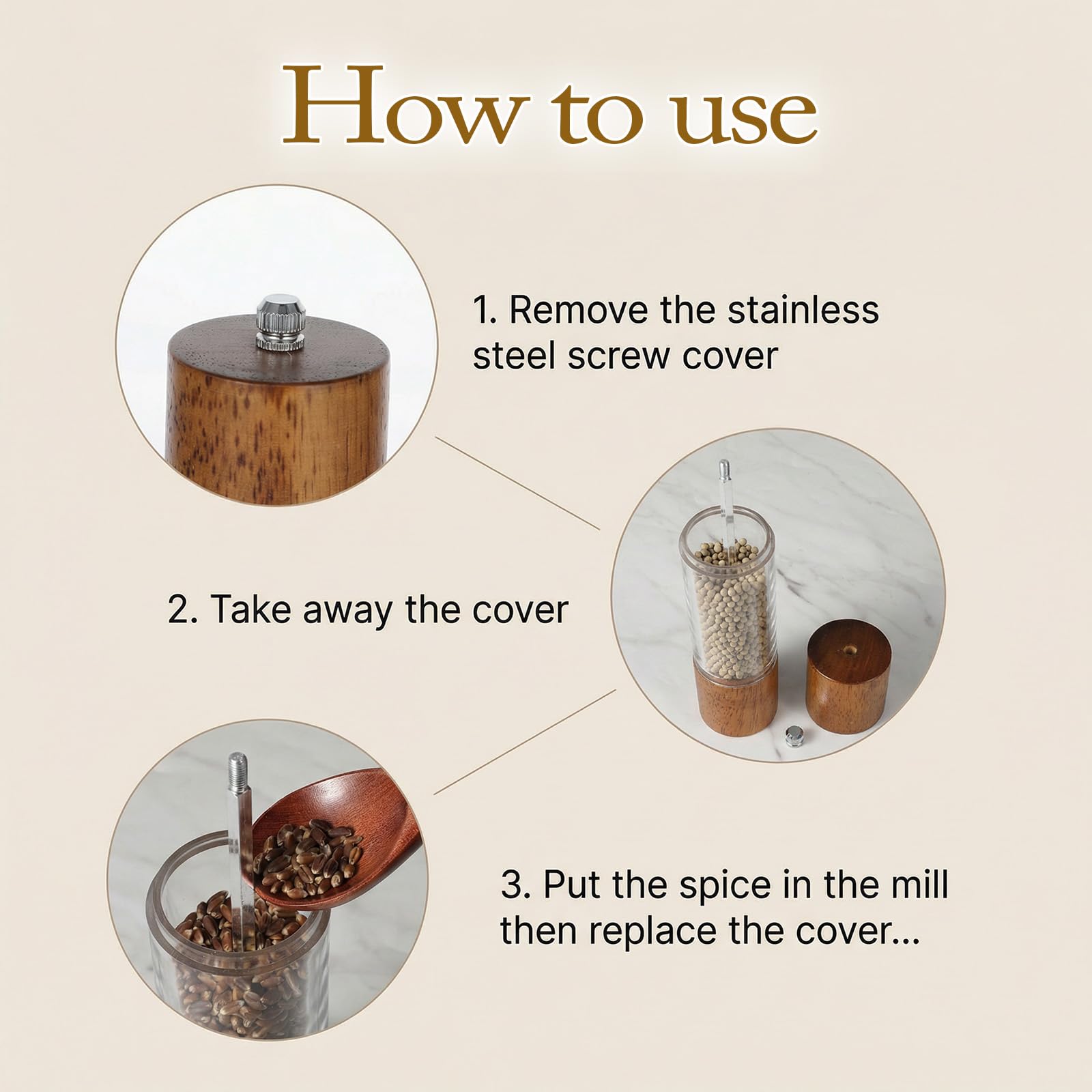 Transparent spice window on wooden salt pepper mill