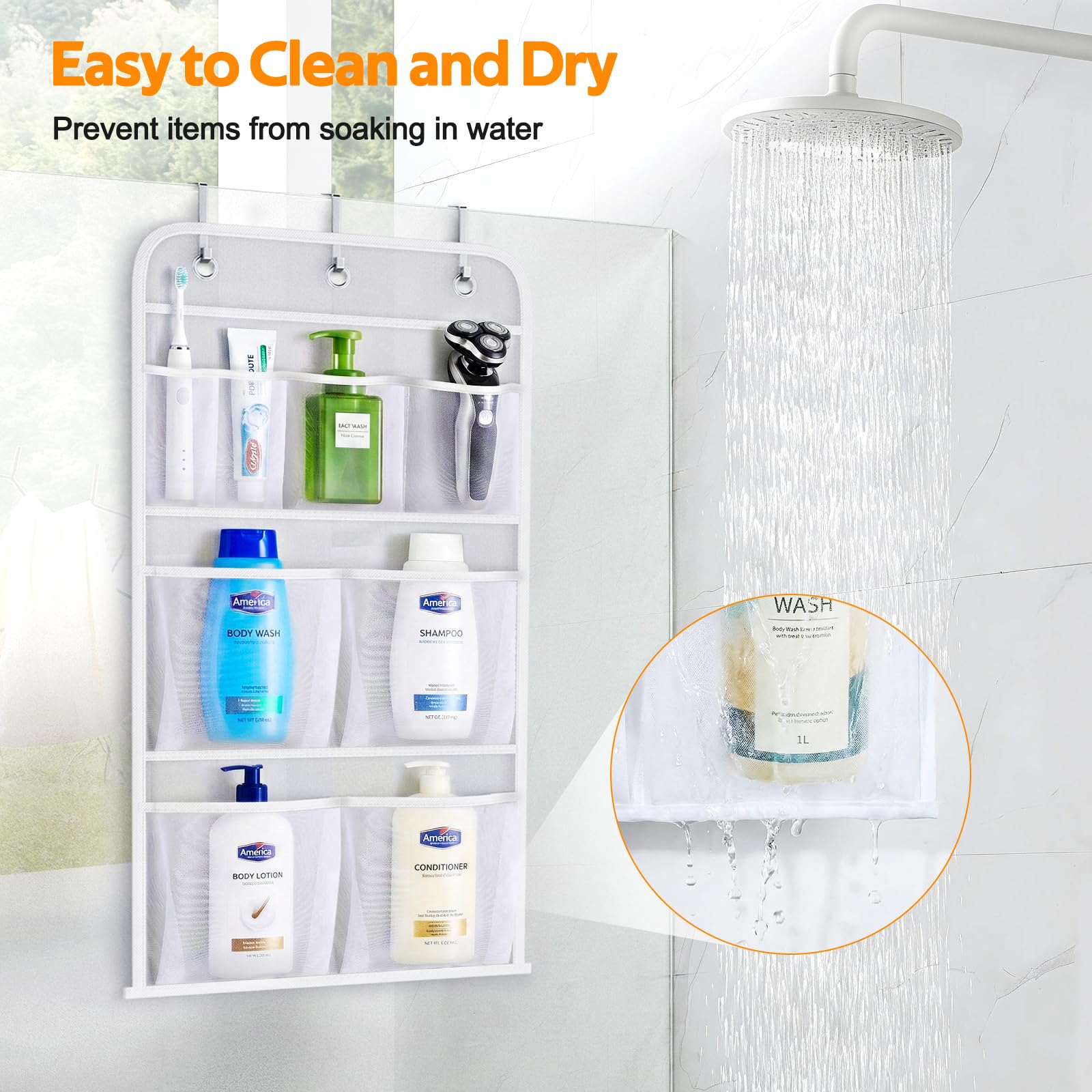 Bathroom door organizer with 8 pockets and hooks