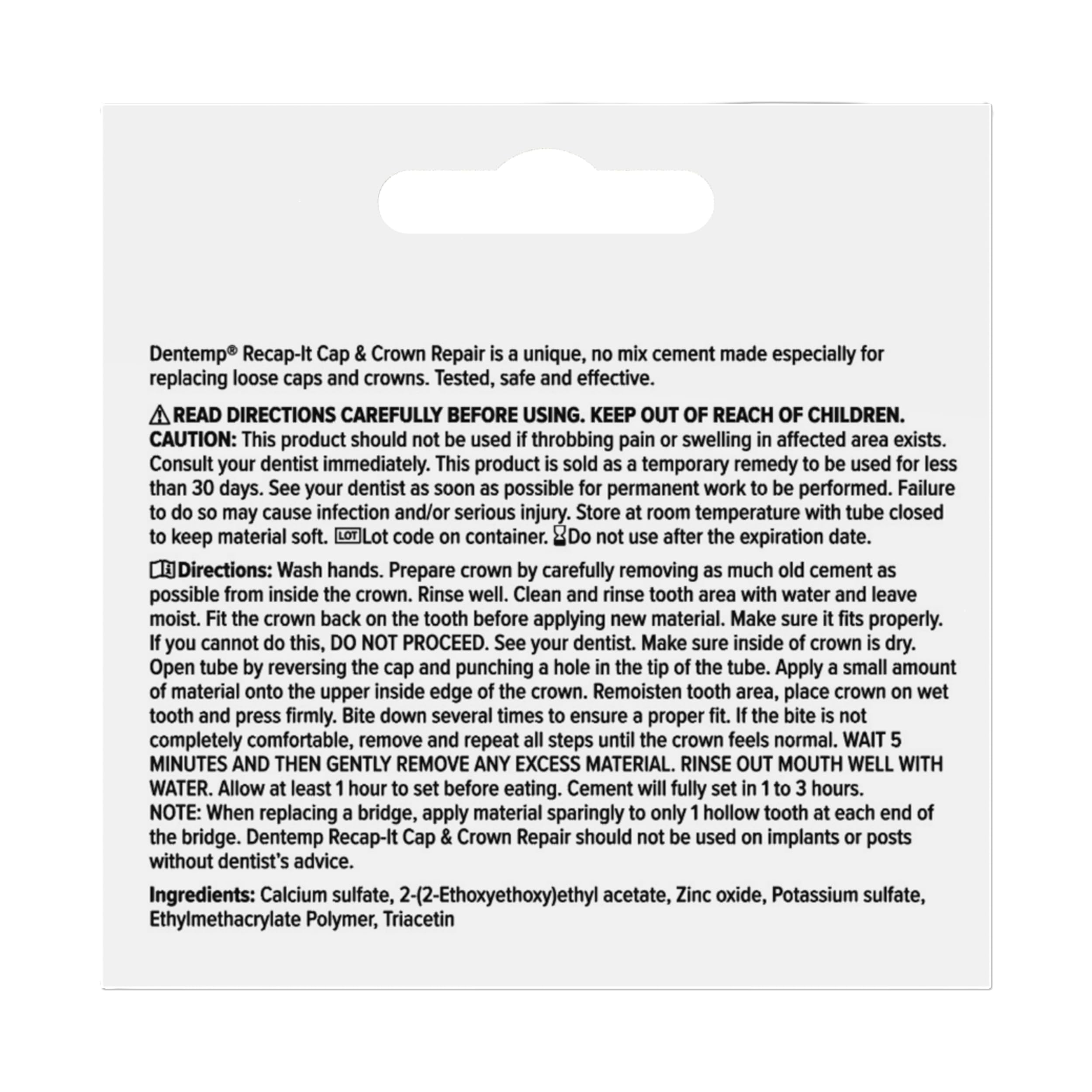 Travel friendly packaging of Dentemp Recap-It kit