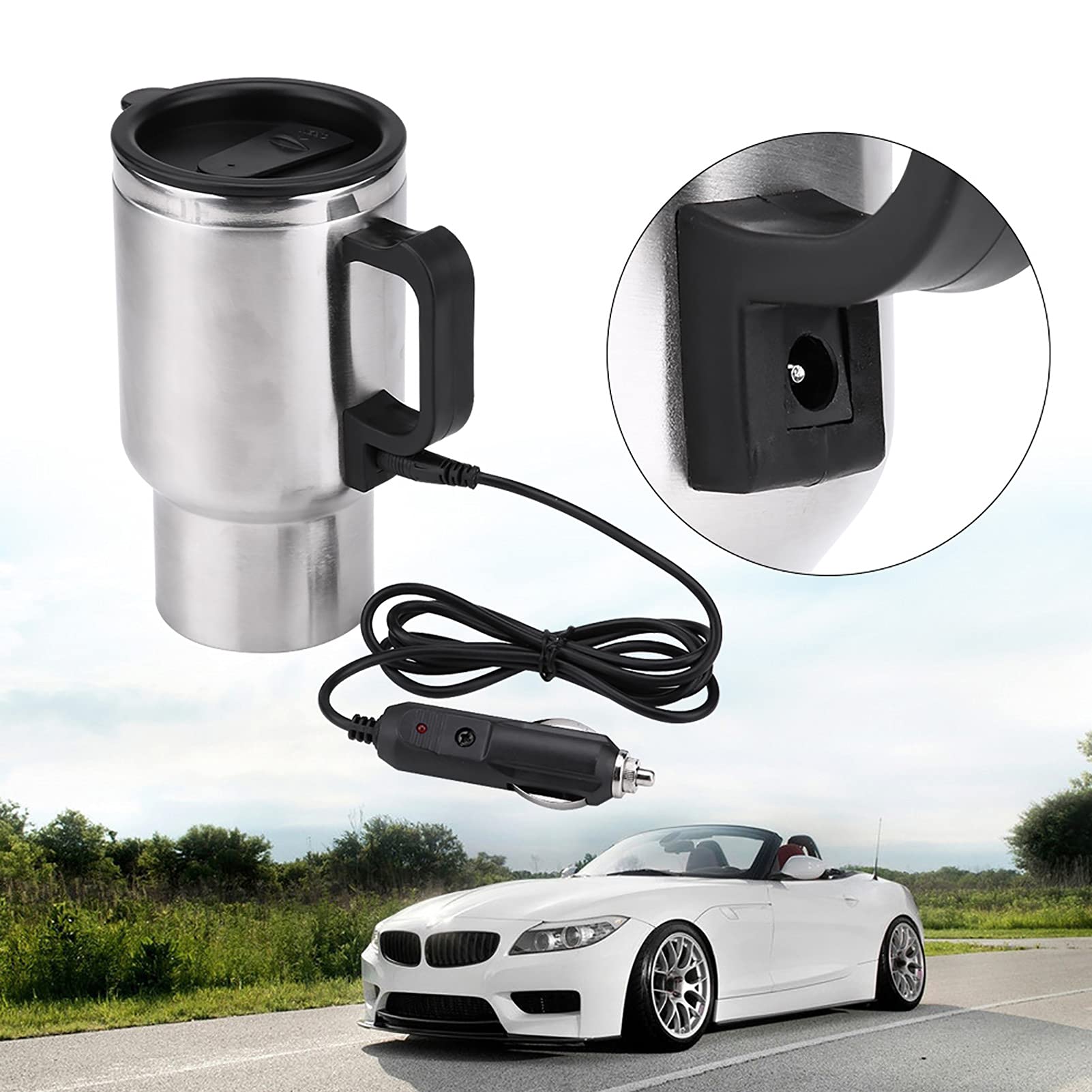 In-car heated mug for coffee and tea