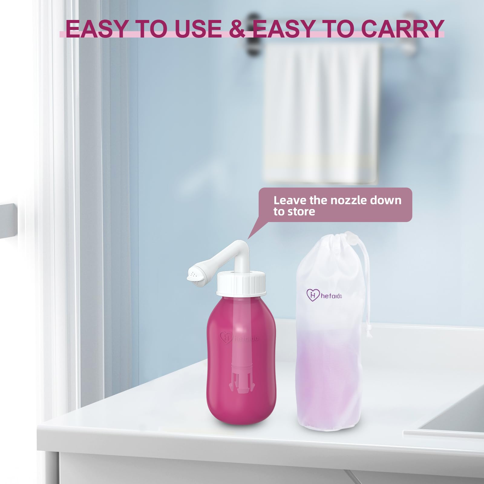 Travel friendly peri bottle with storage bag and collapsible nozzle