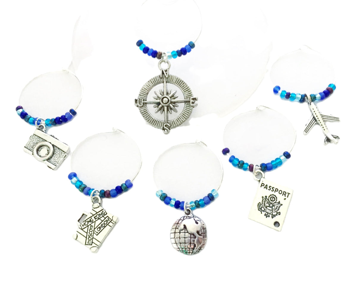 Travel themed wine charms set of 6 including Camera Compass Passport Airplane