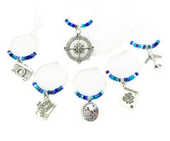 Travel themed wine charms set of 6 including Camera Compass Passport Airplane
