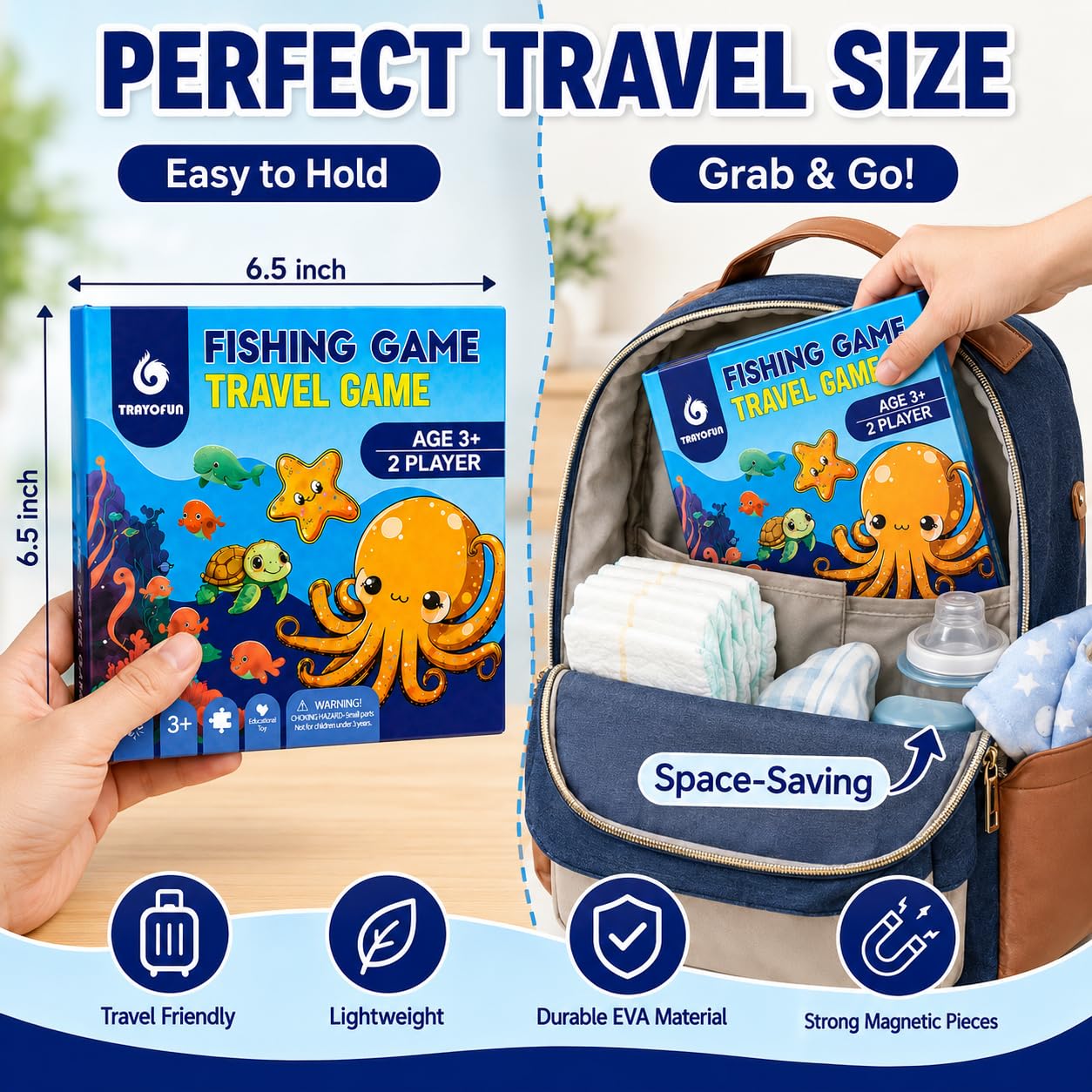 Compact travel toy fits in diaper bag or backpack