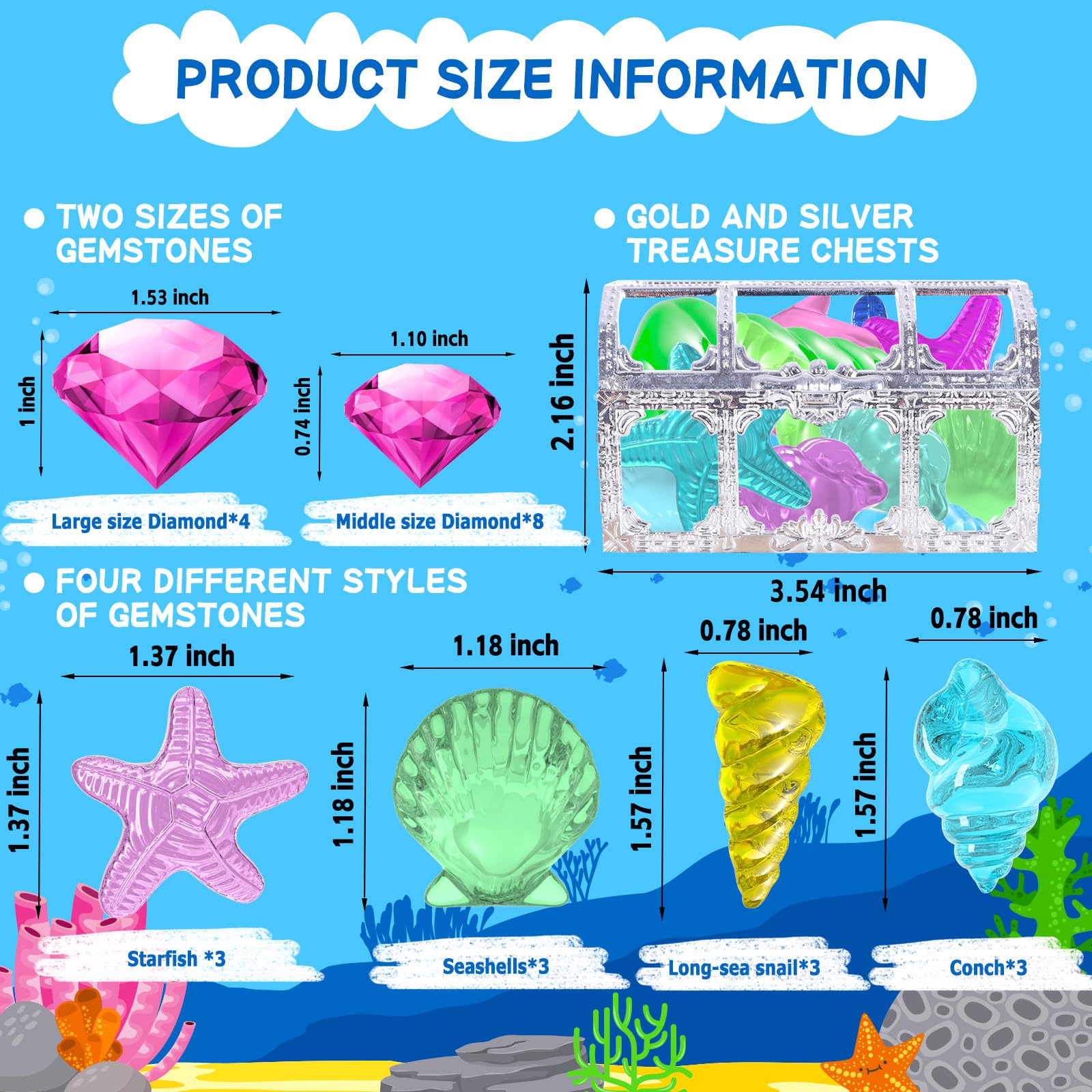 Sinking treasure chest with colorful diving gems for kids