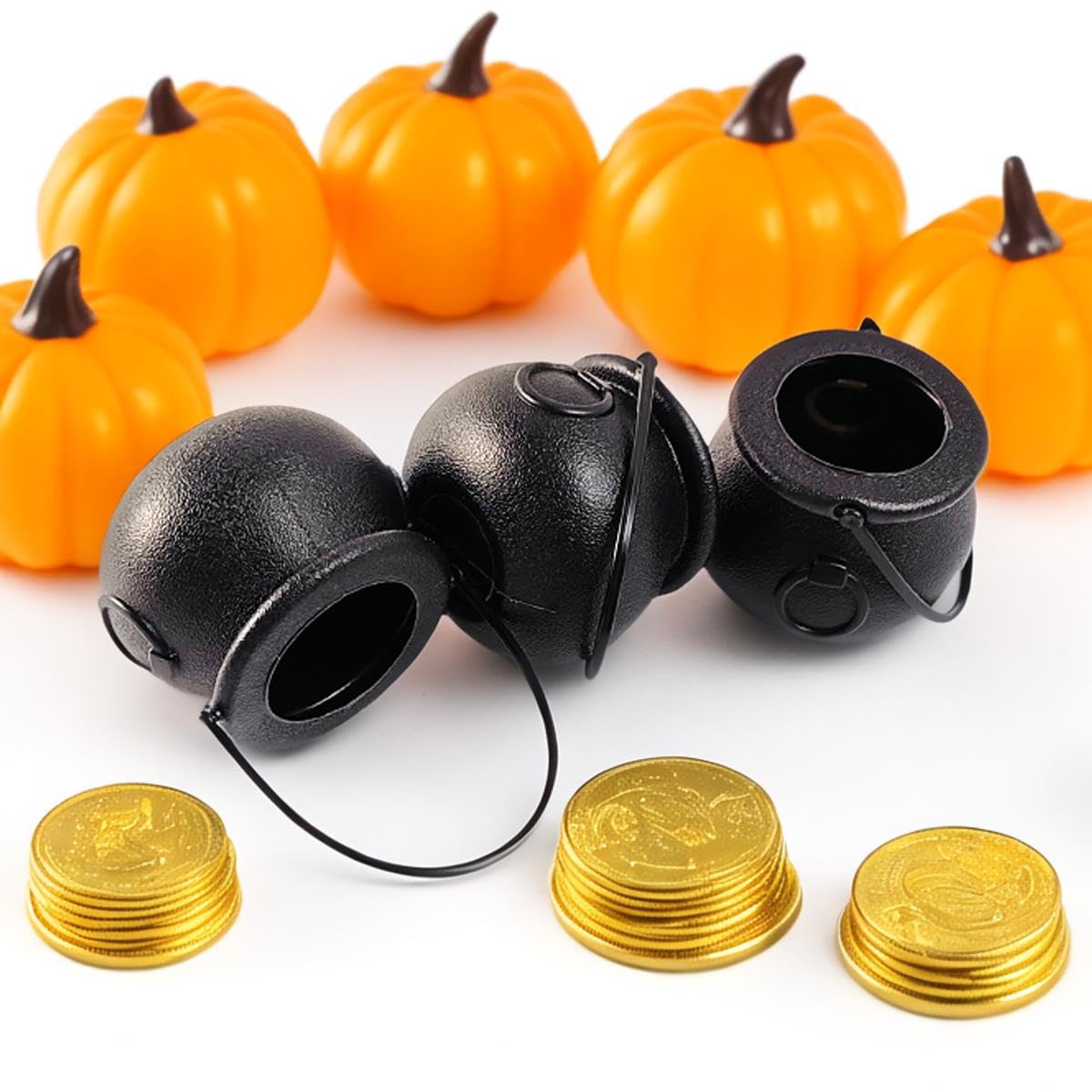 Cauldrons filled with candies or small toys for party use