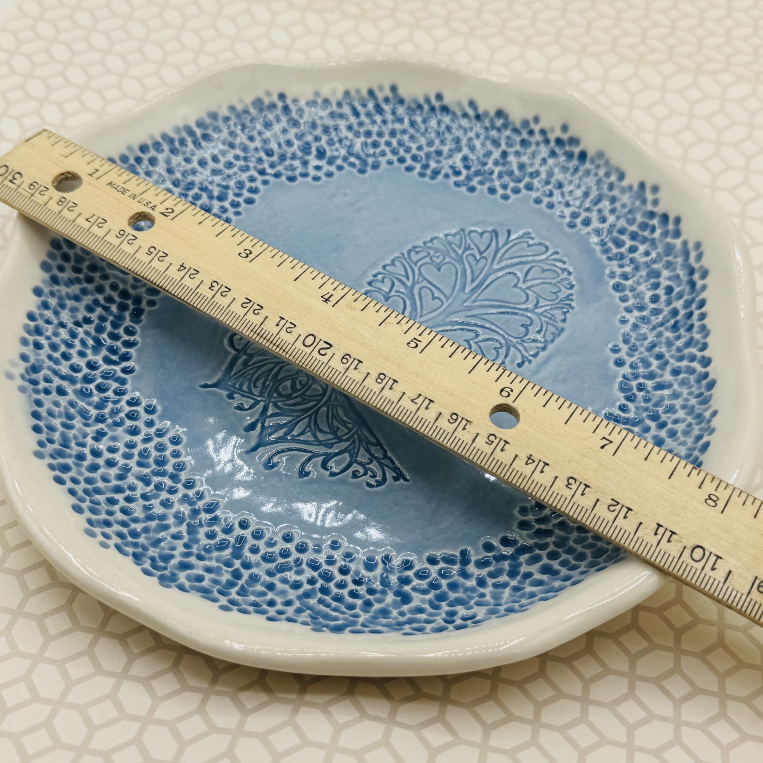 Lt blue glaze tree of hearts bowl handmade in USA