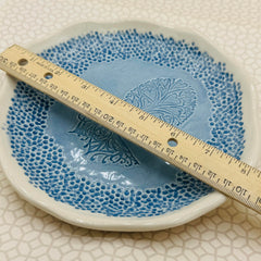 Lt blue glaze tree of hearts bowl handmade in USA