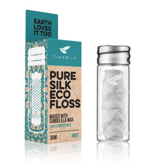 TreeBird Pure Silk Eco Floss in refillable glass dispenser
