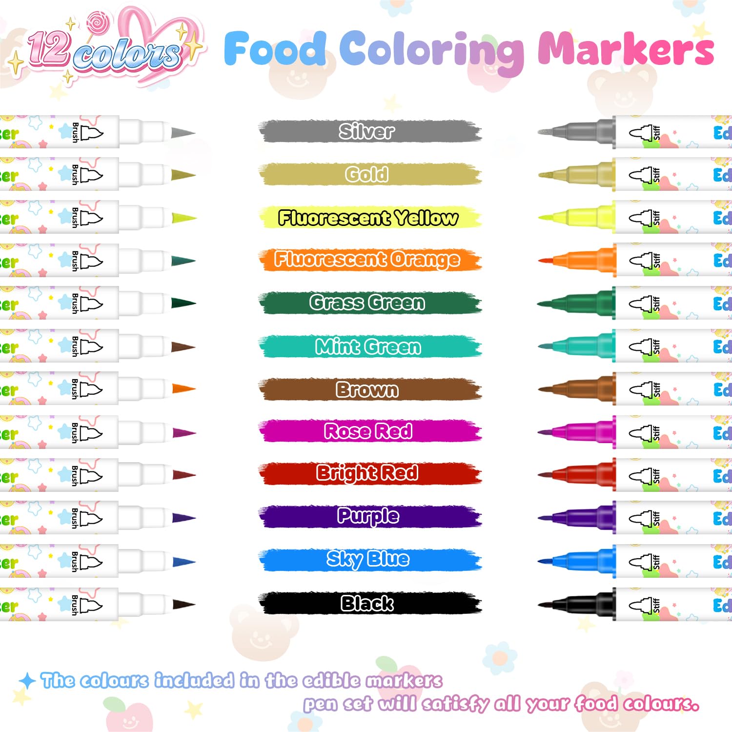 Treedoa edible marker pens 12pcs dual-sided design for decorating