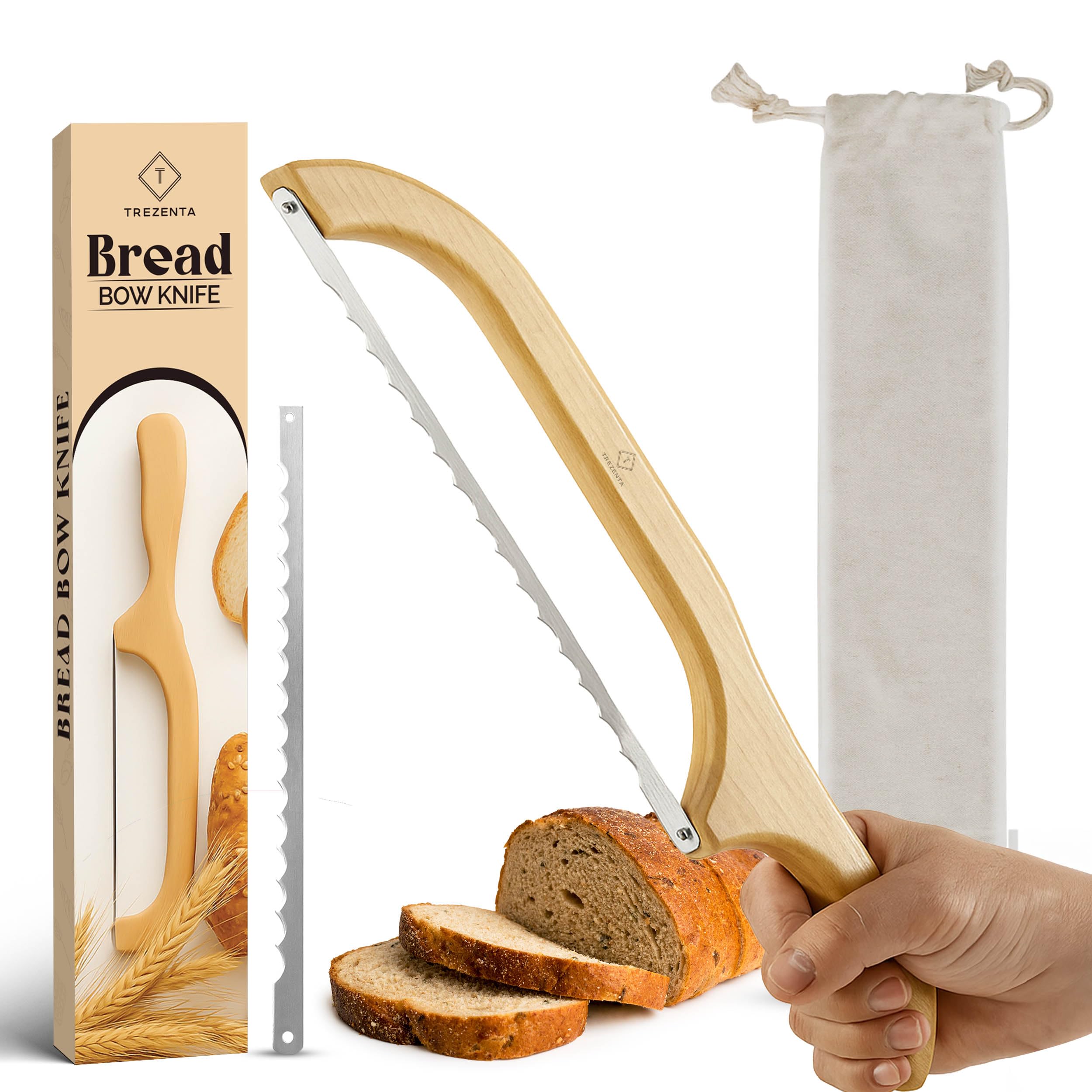 TREZENTA Wooden Bread Bow Knife 15.7 inch with Acacia handle