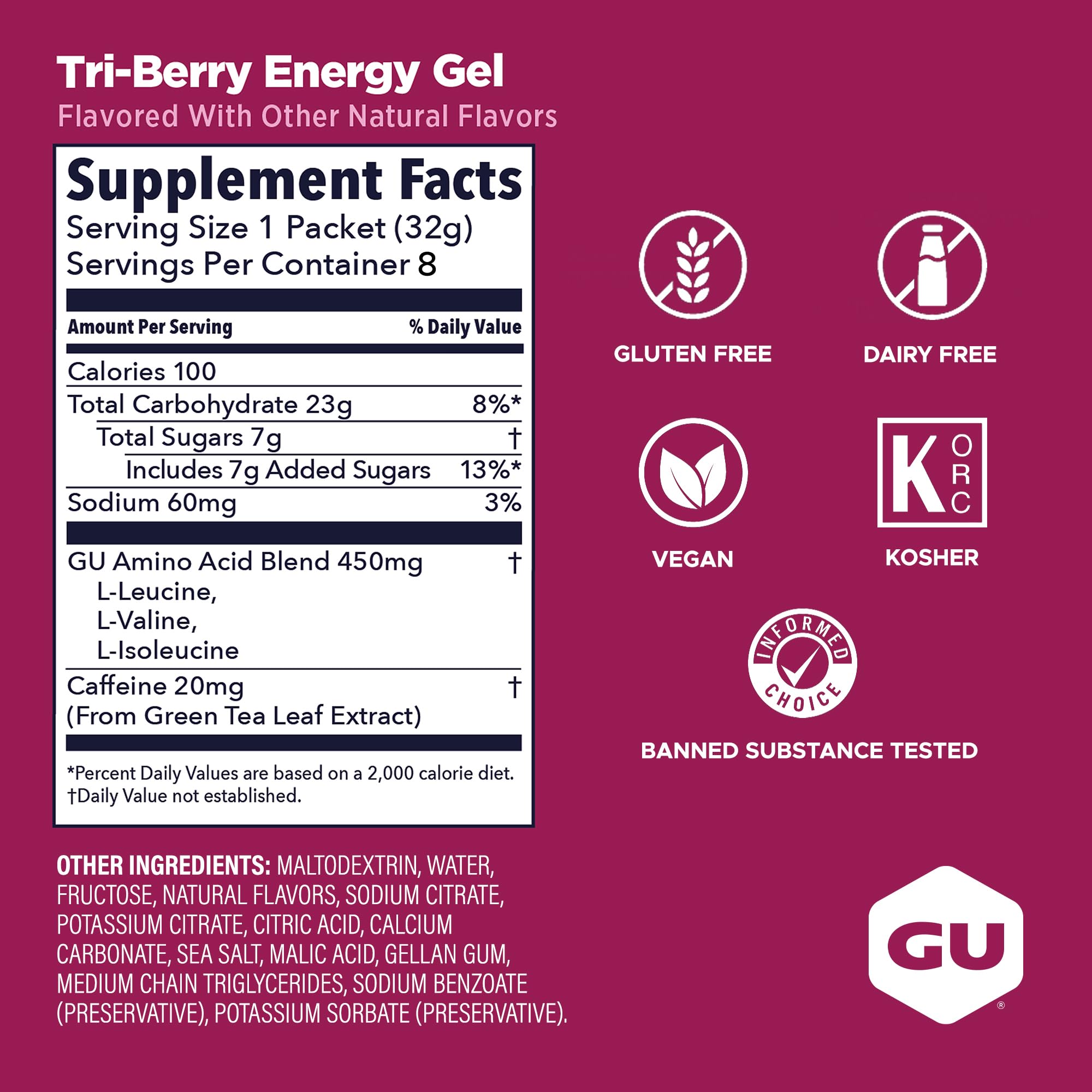 Tri-Berry energy gel caffeine content label