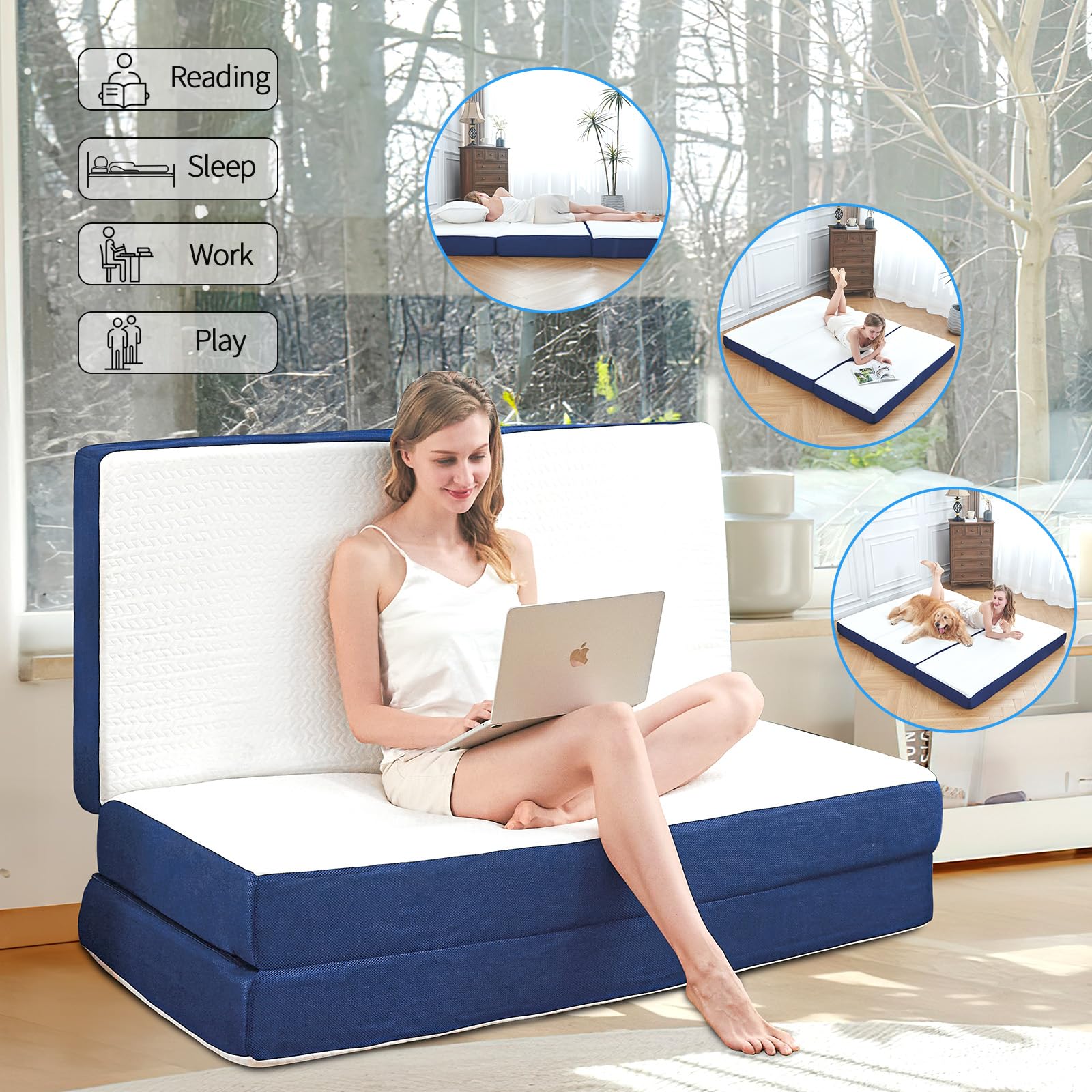 Tri-fold memory foam mattress suitable as futon sofa bed