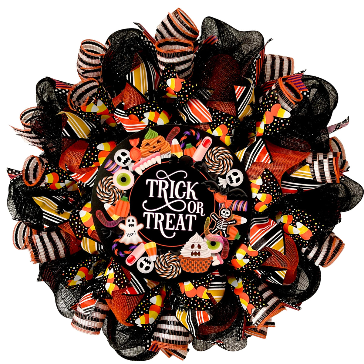 Trick or Treat Halloween Candy Wreath front view