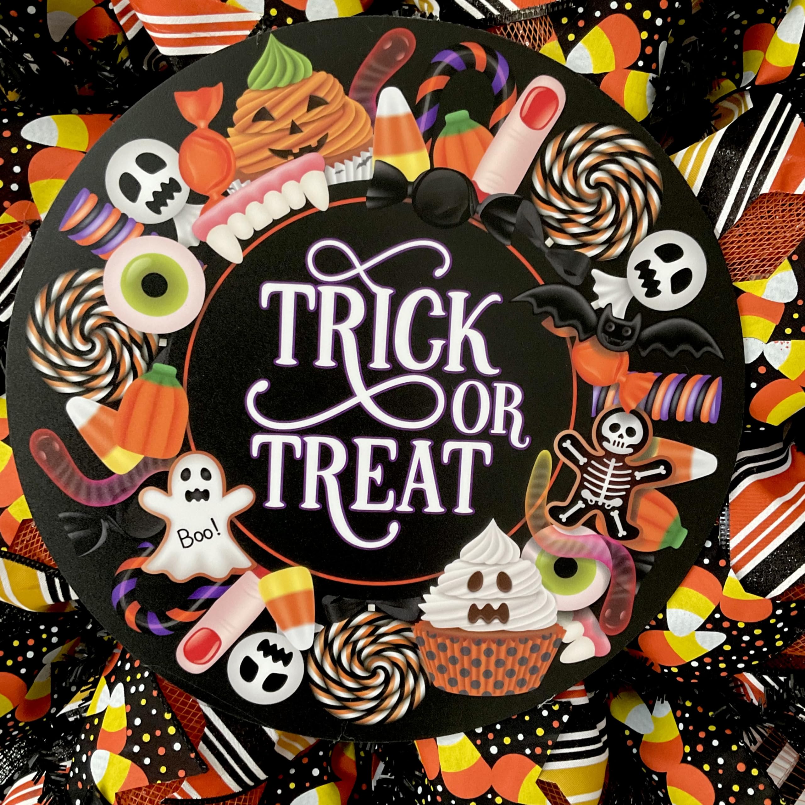 Trick or Treat Halloween Candy Wreath 28 inch diameter display