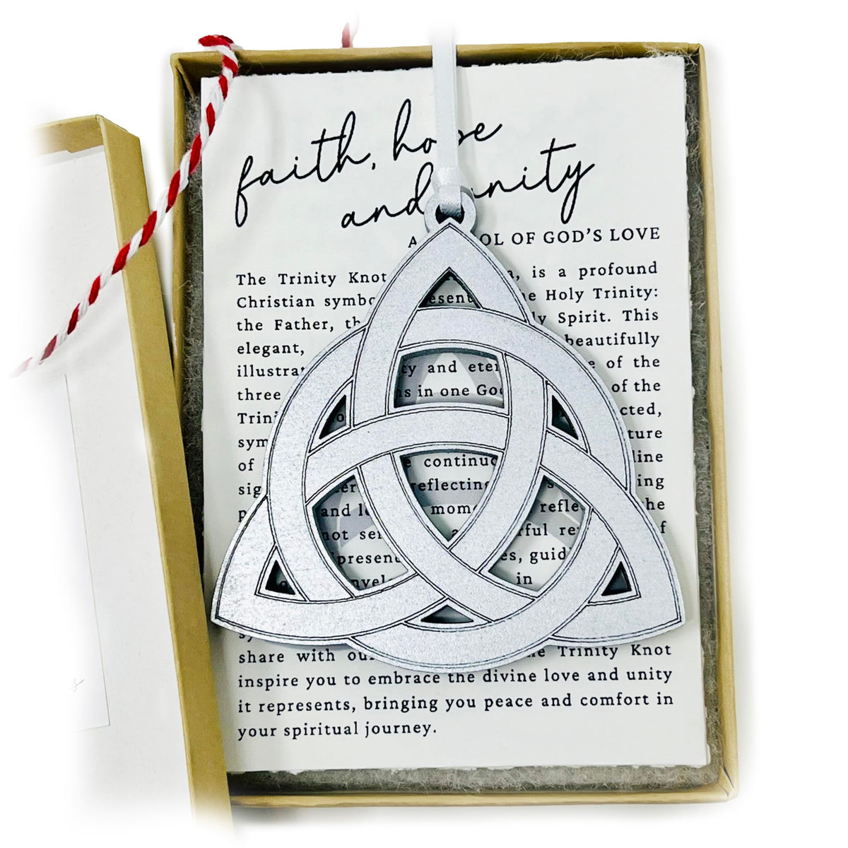 Trinity Knot Christmas Ornament silver finish on 3 inch MDF circle