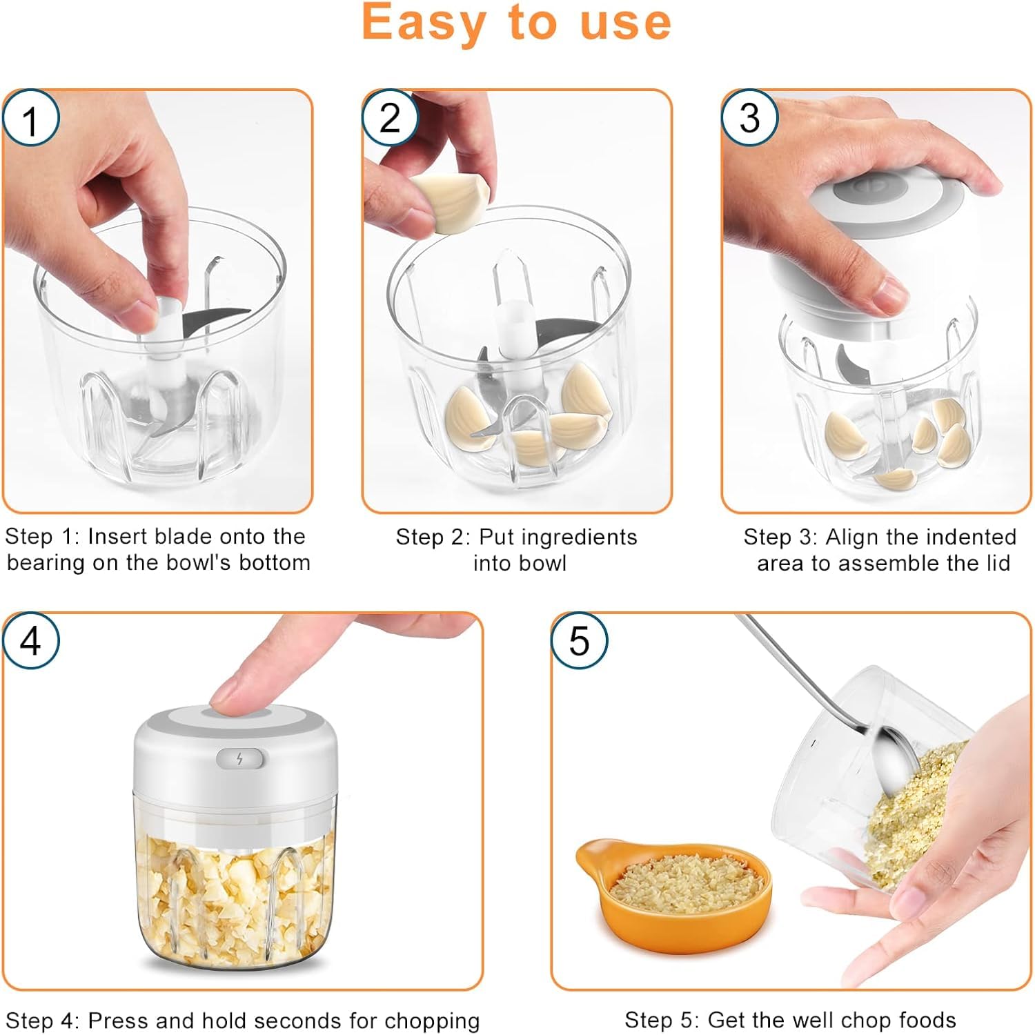Stainless steel blades on electric garlic chopper