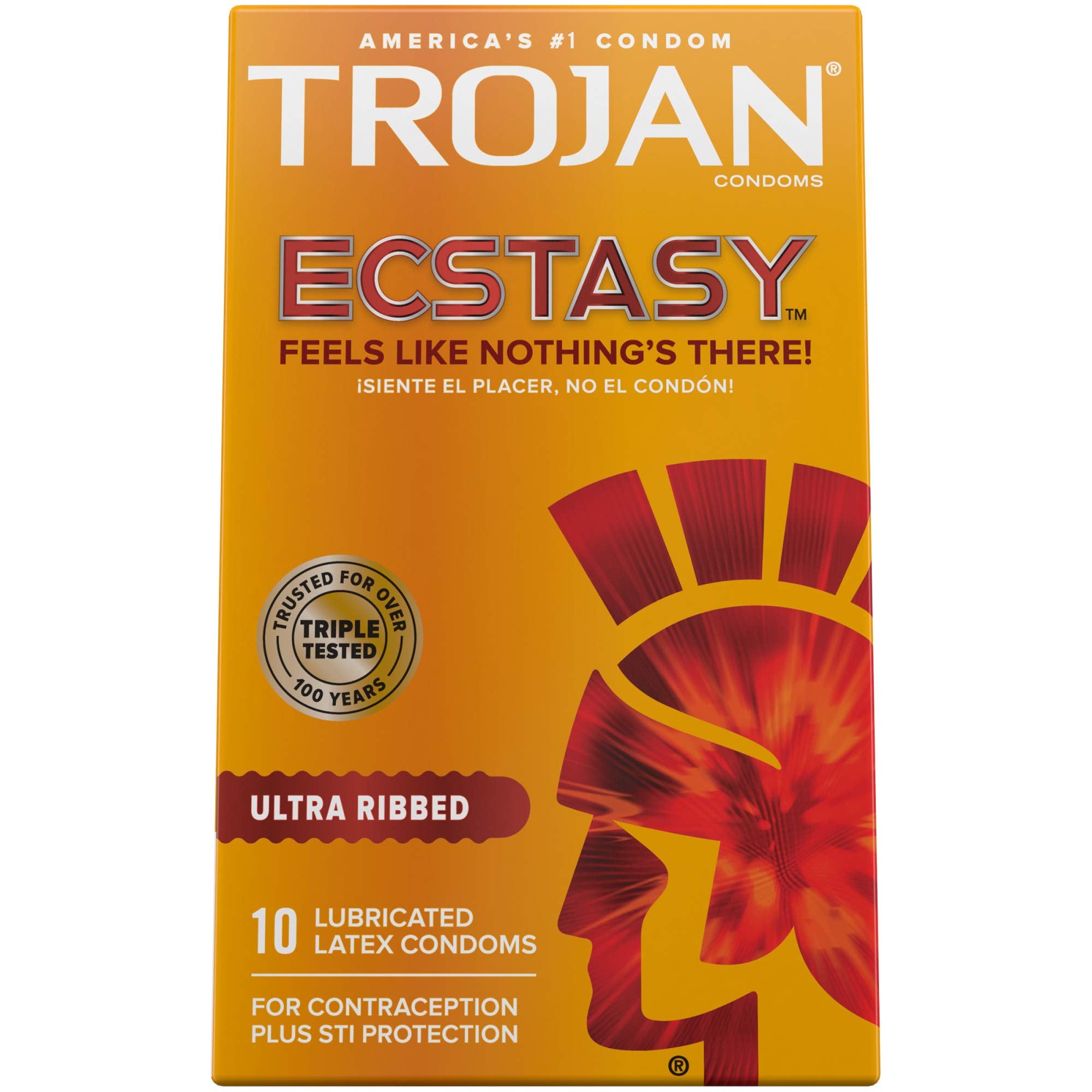 Trojan 10 Count ECSTASY ribbed condom box