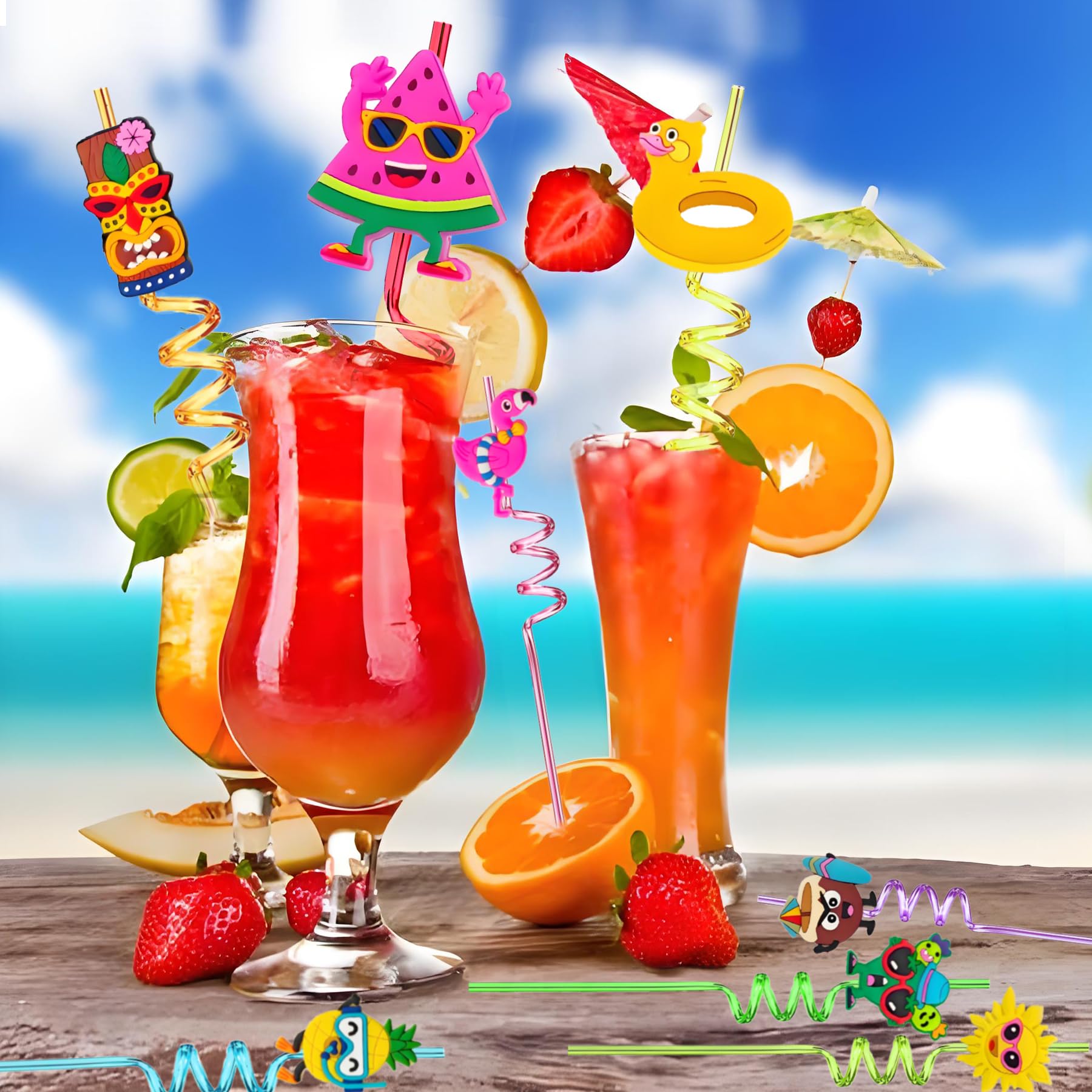 Detachable pineapple flamingo palm tree charms on straws