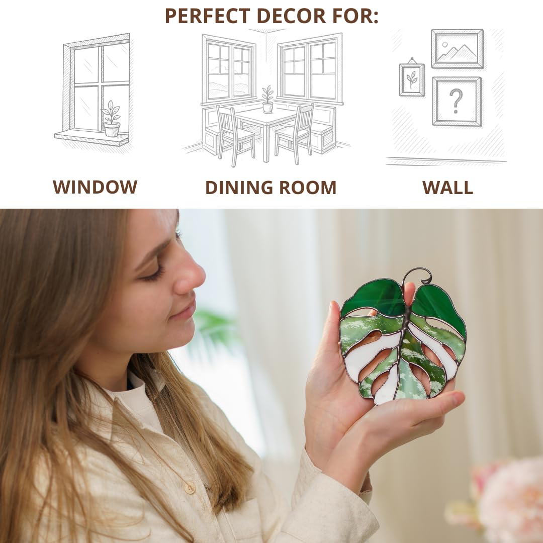 Green and white stained glass tropical plant decor