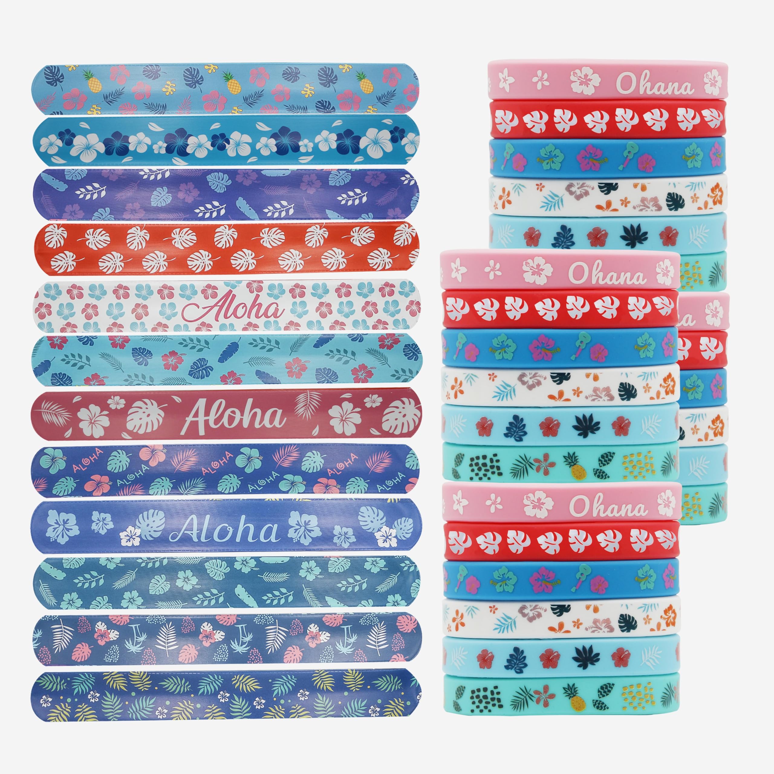 48 piece tropical slap bracelets set with palm leaves and hibiscus patterns