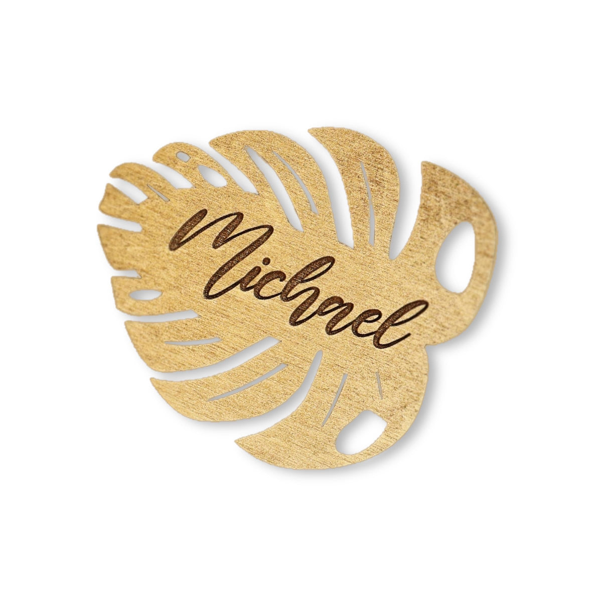 Tropical wedding name cards monstera leaf name tag on wood