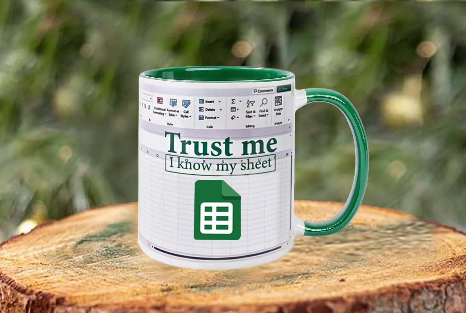 WFFW spreadsheet mug 11oz close up showing bright color gloss