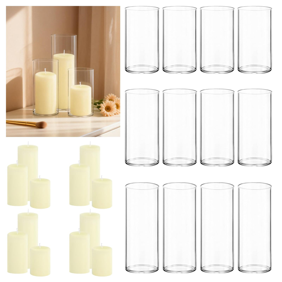 Trxvxo 24-Piece Set ivory pillar candles and glass vases for weddings