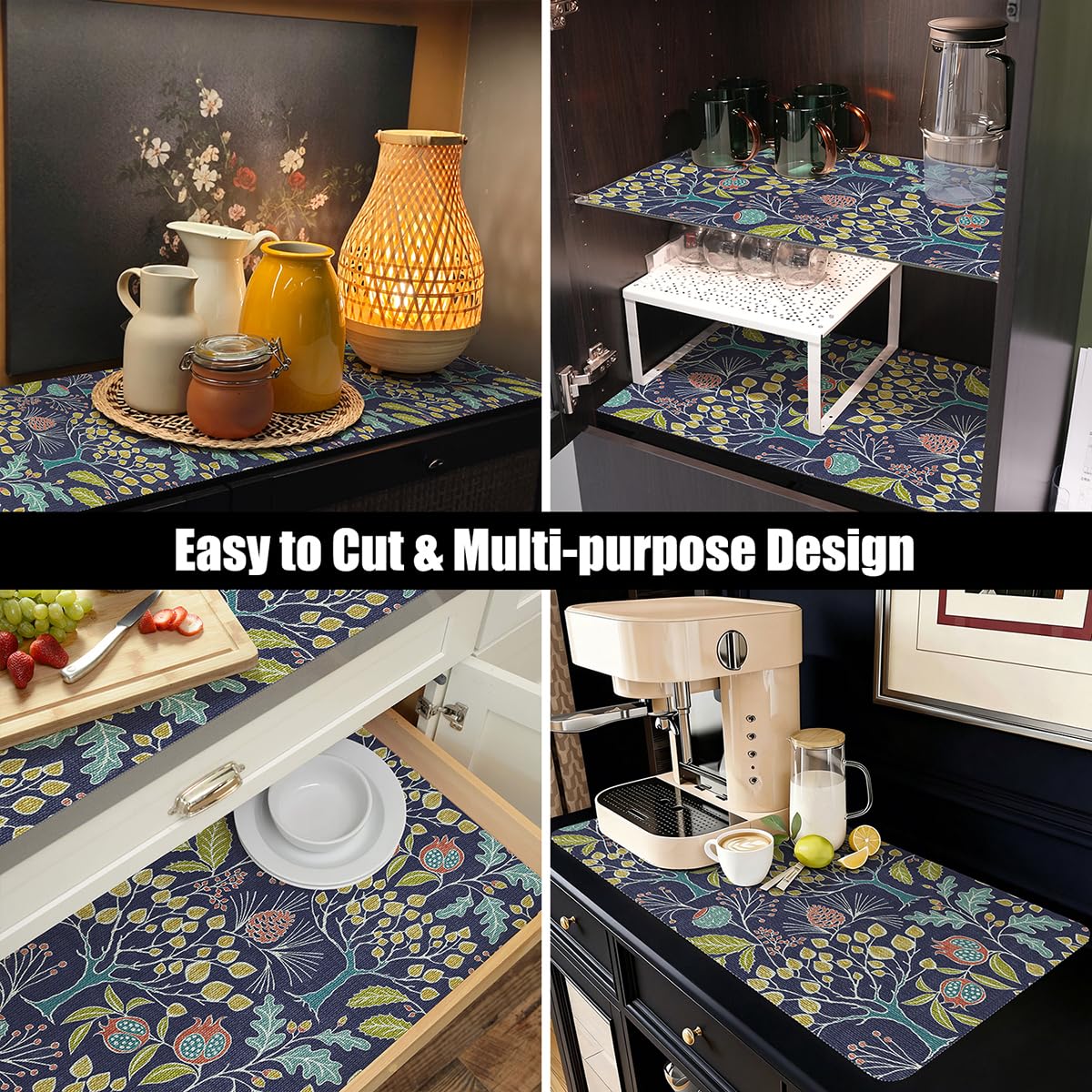 Blue floral liner applied to cabinet shelf