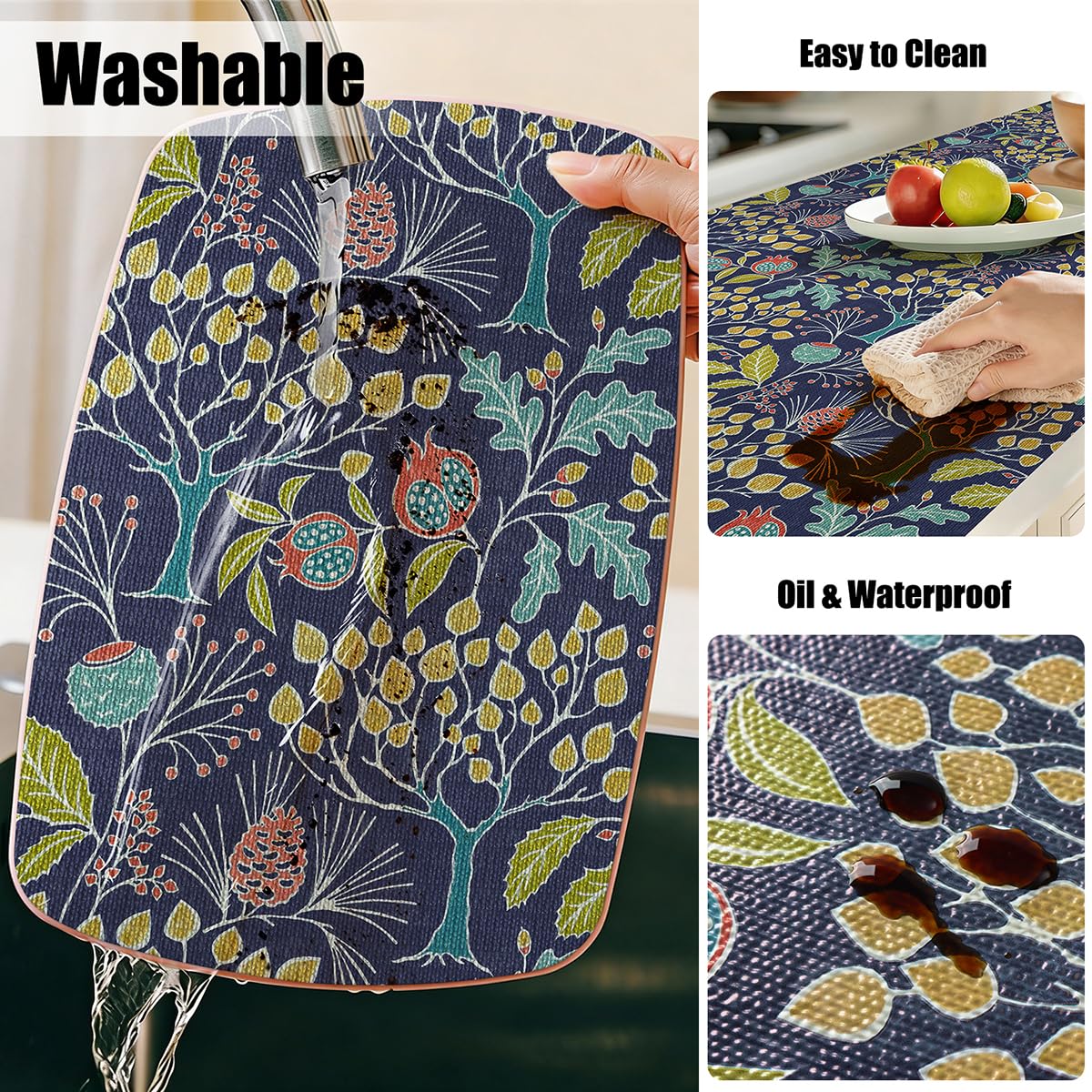 Floral blue shelf liner for kitchen cabinets in use