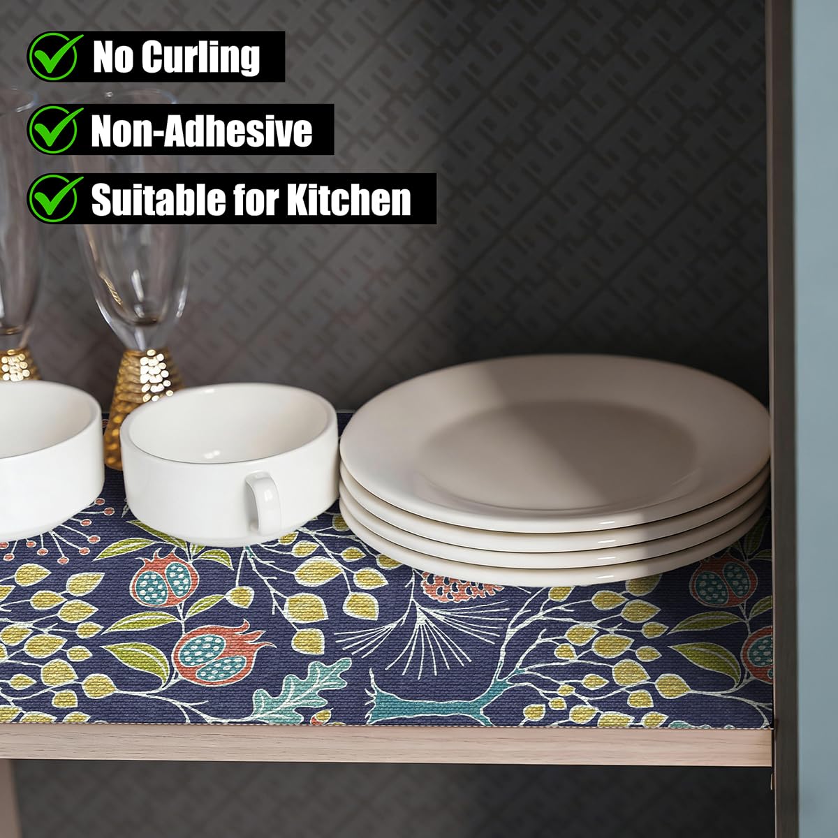Blue floral non adhesive shelf liner for kitchen cabinets