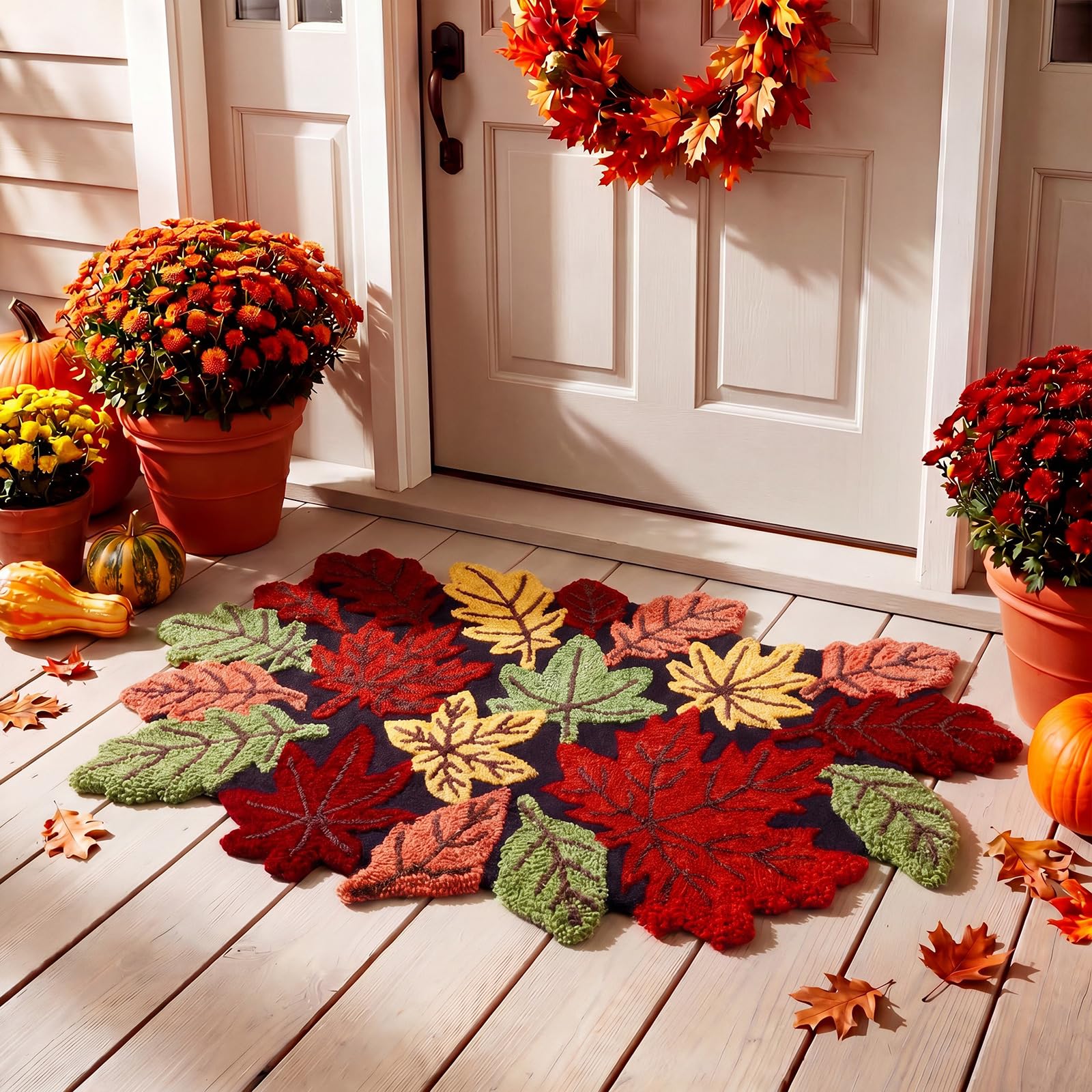 Front door and bathroom mat in fall maple leaf pattern