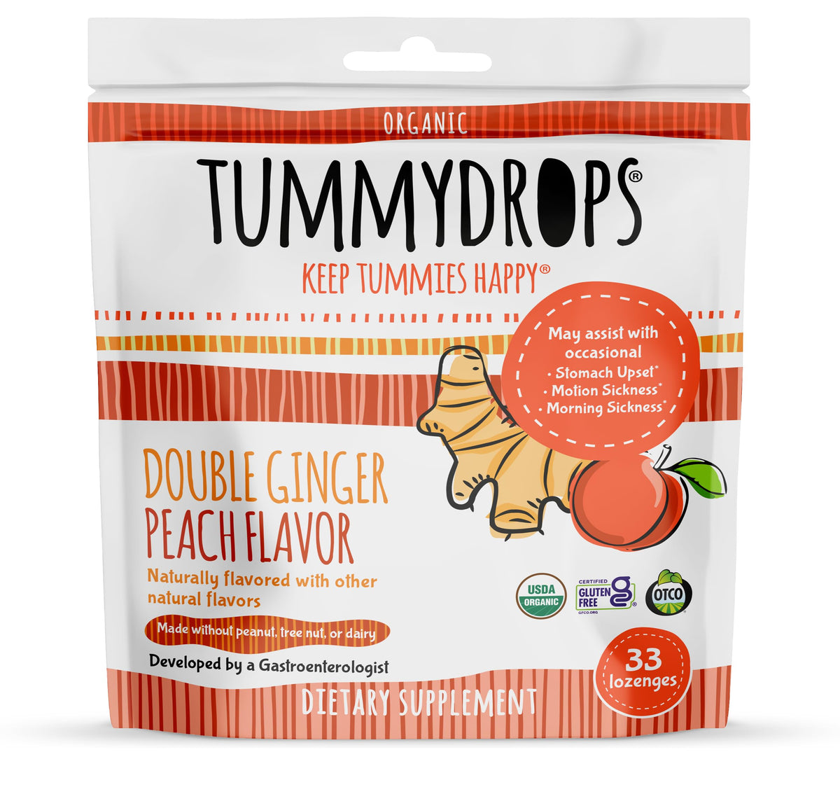 Tummydrops Double Ginger Peach Lozenges 33 count package