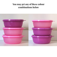 three bowls pink and purple colors