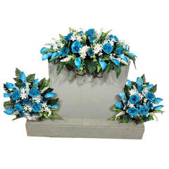 Turquoise Teal rose and calla lily headstone saddle close-up