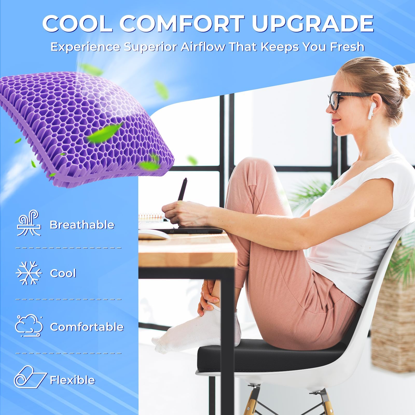 Breathable cooling design on gel seat cushion