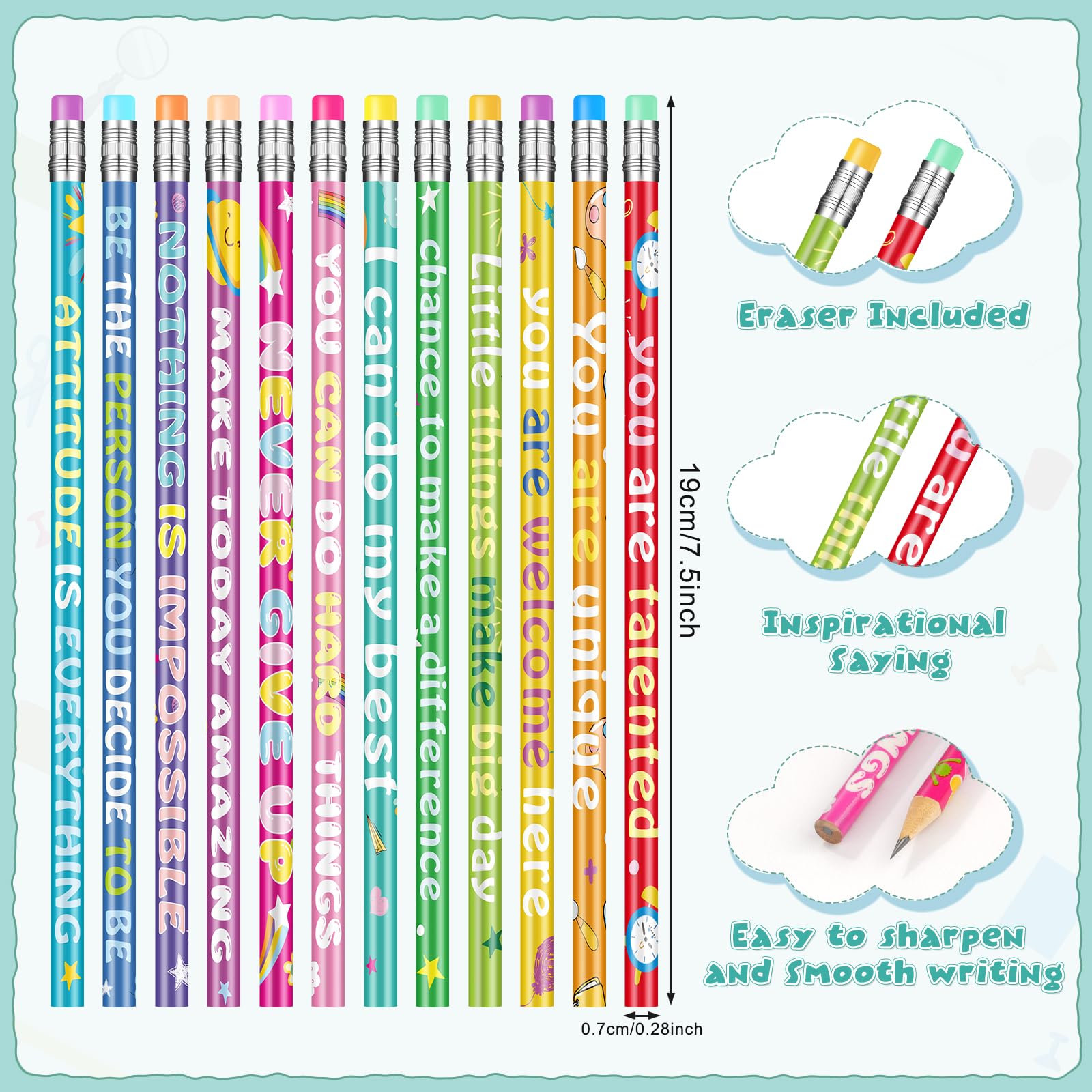 Pencils with encouraging sayings including NOTHING IS IMPOSSIBLE and YOU ARE UNIQUE