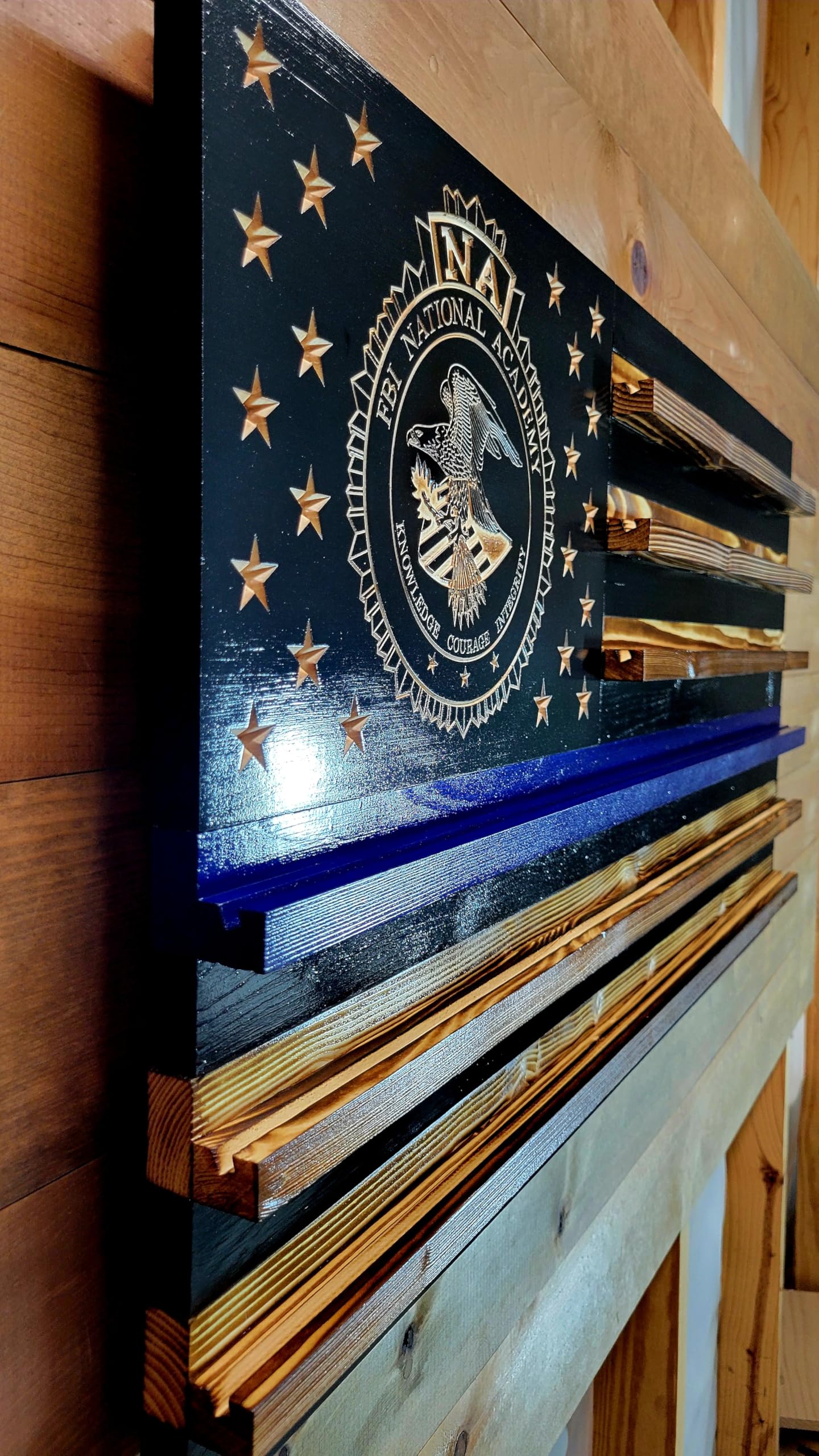 Close up of protective coating on wood finish of display