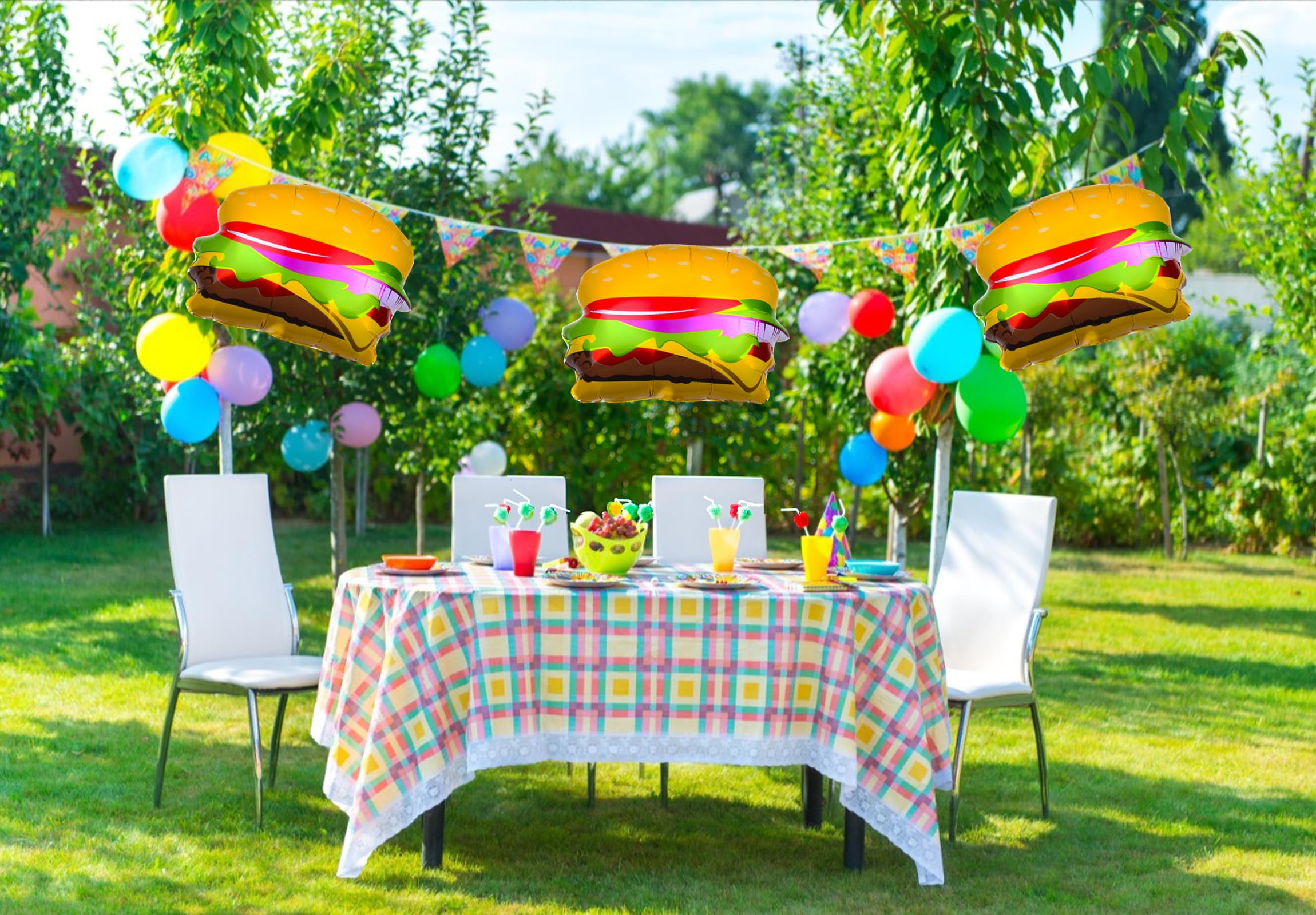 Birthday party decorations featuring hamburger balloons