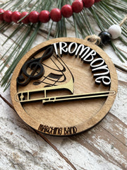 Laser cut engraved wood ornament for trombone players
