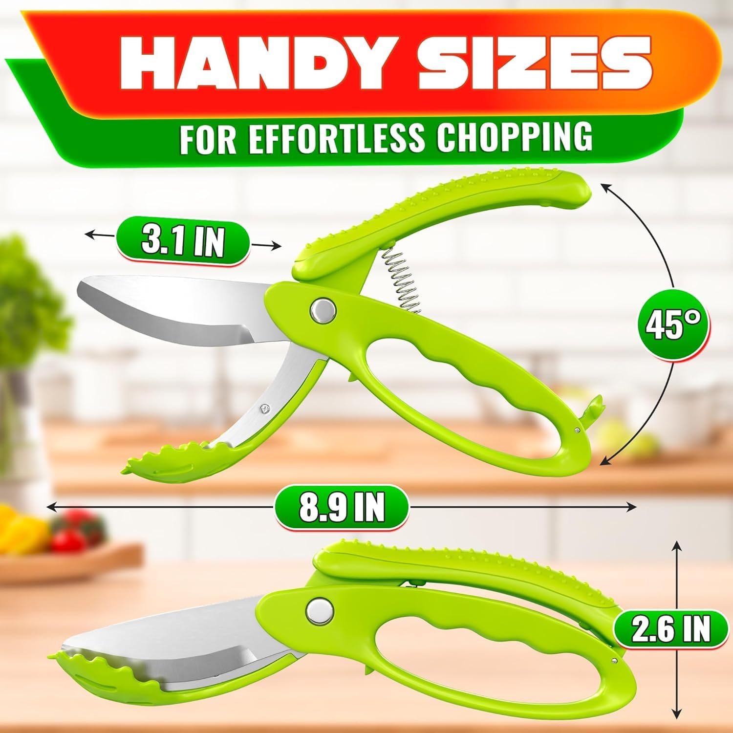 Curved design salad scissors shown chopping ingredients in a bowl