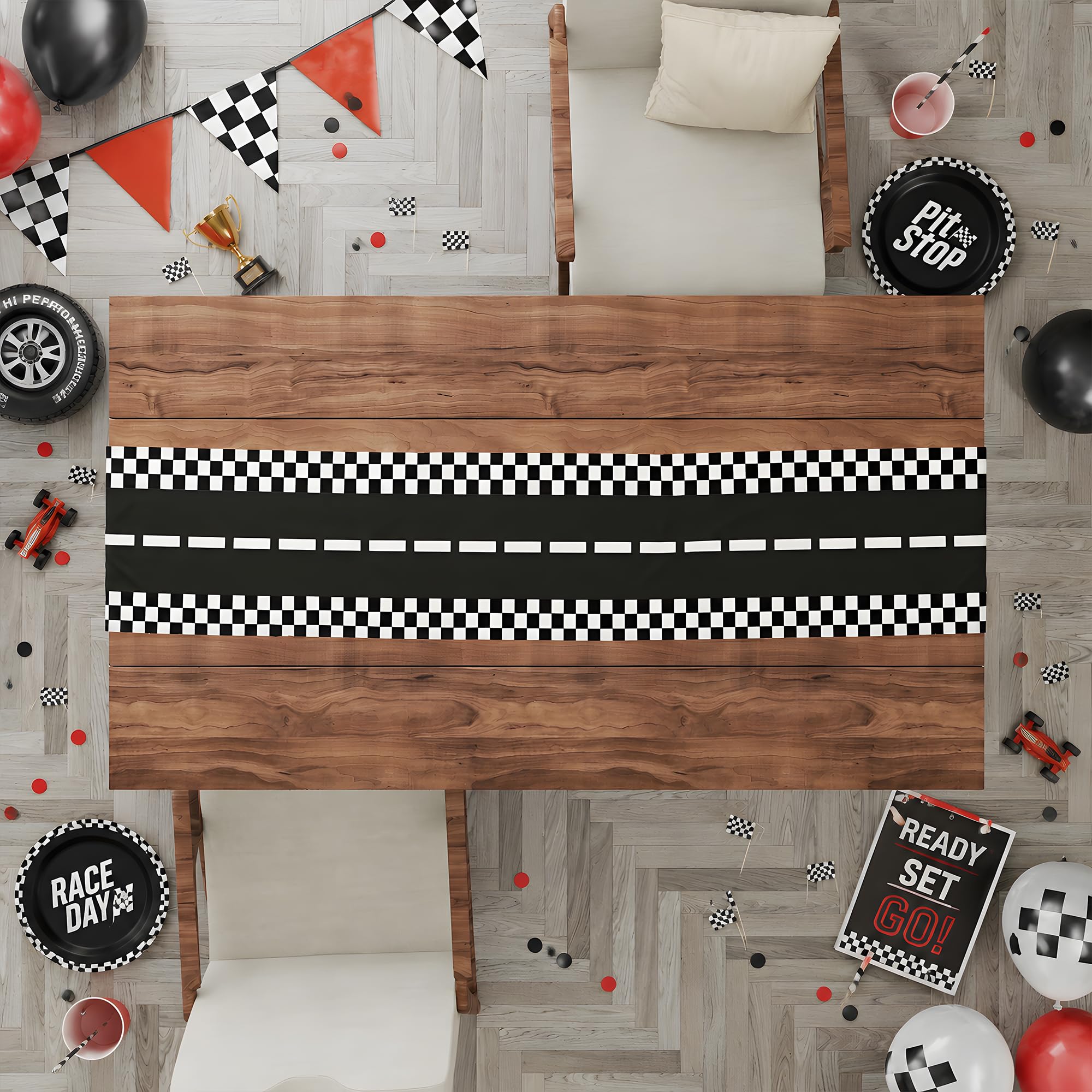 Two Fast Birthday Decor racing road table runner in display