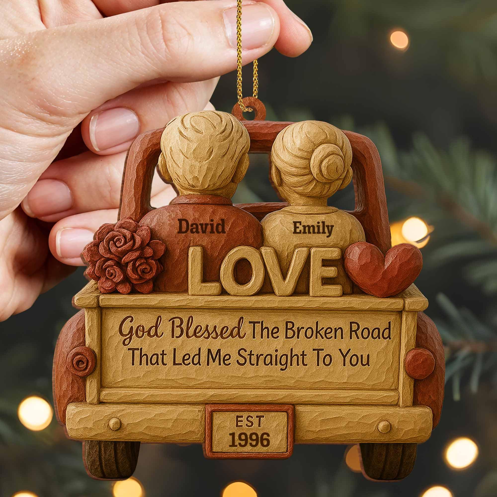One-sided print on natural wood ornament detail