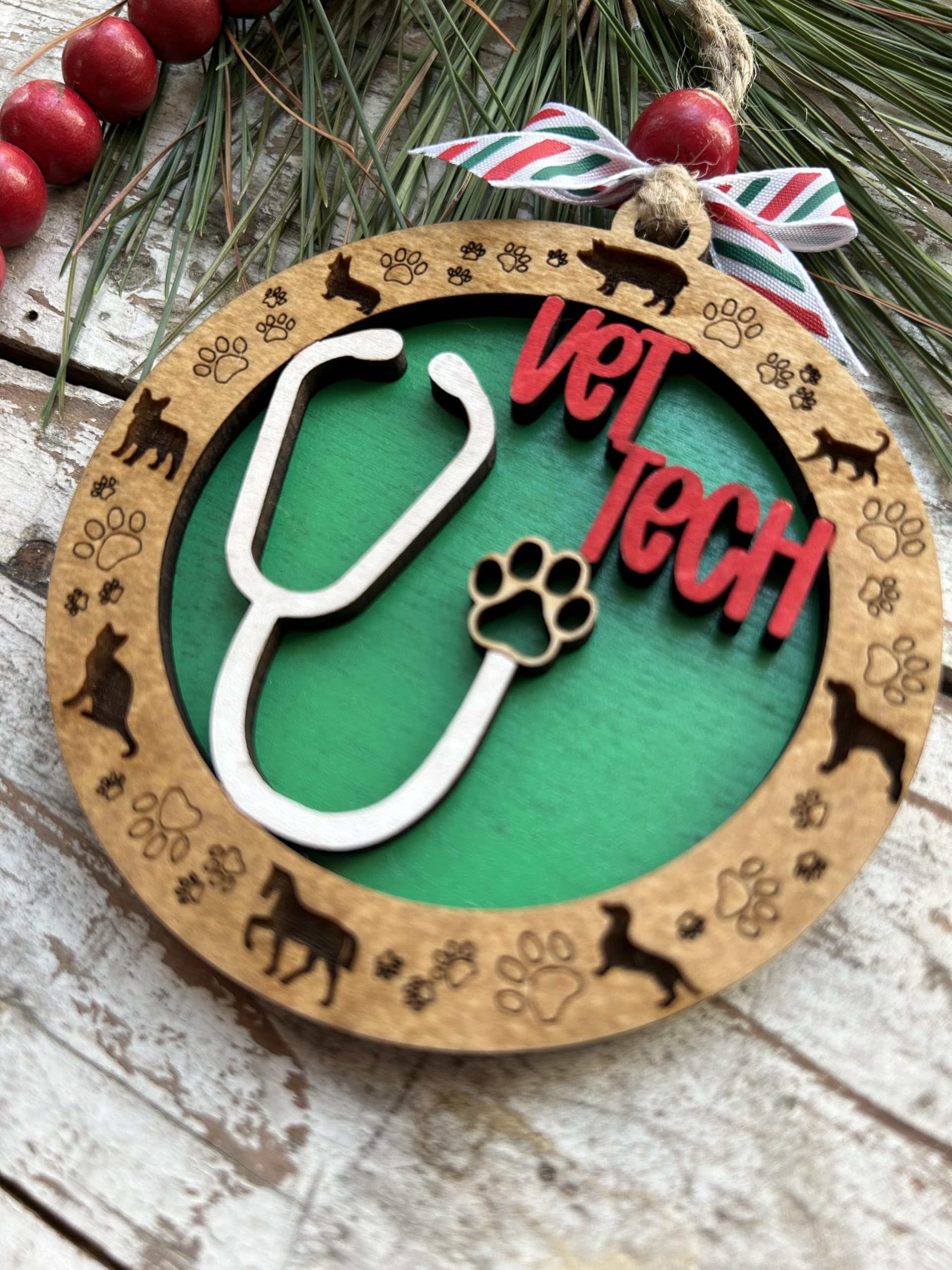 Two-layer wood ornament laser cut for vet tech decor