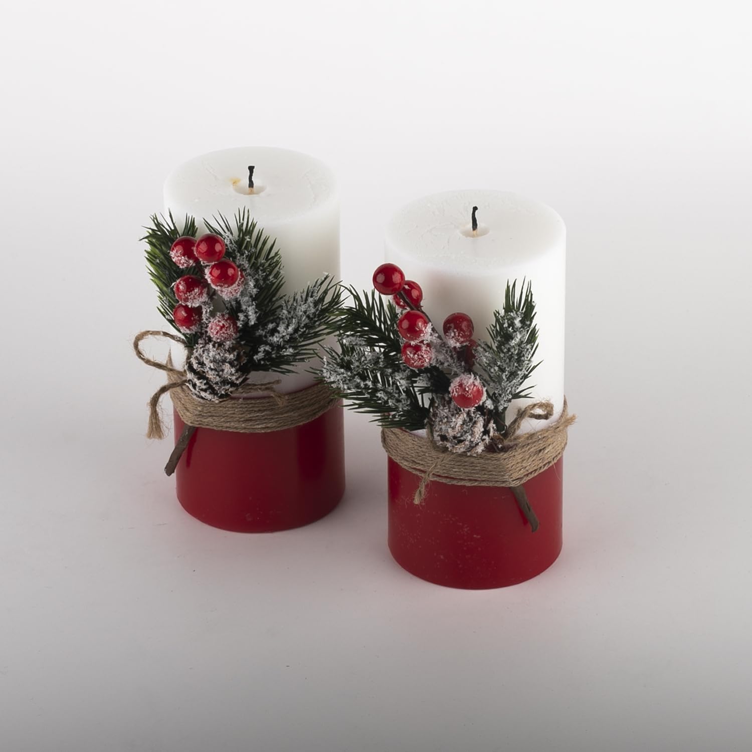 Two-pack red green white candles on table decor