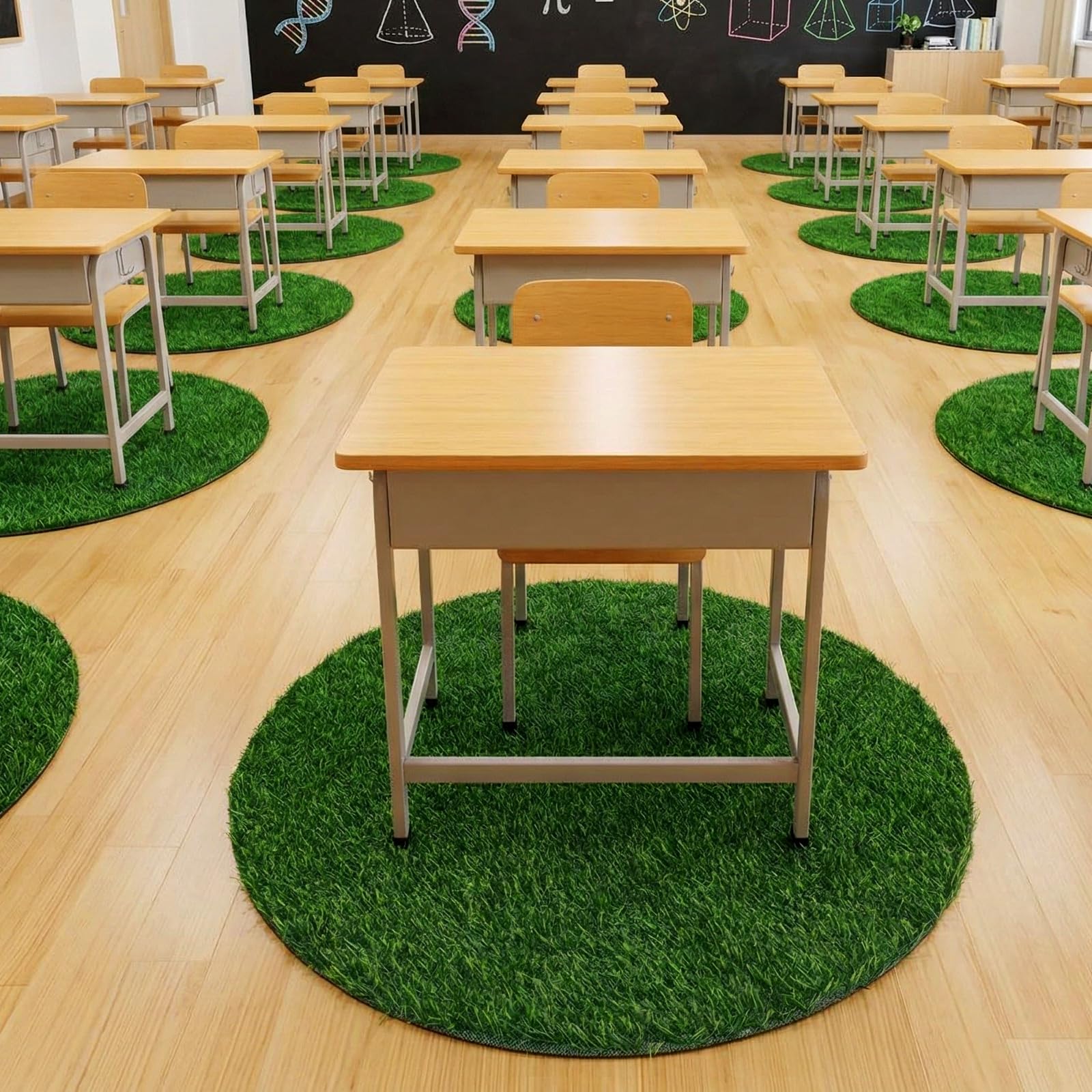 Bright green artificial grass mats for learning spaces