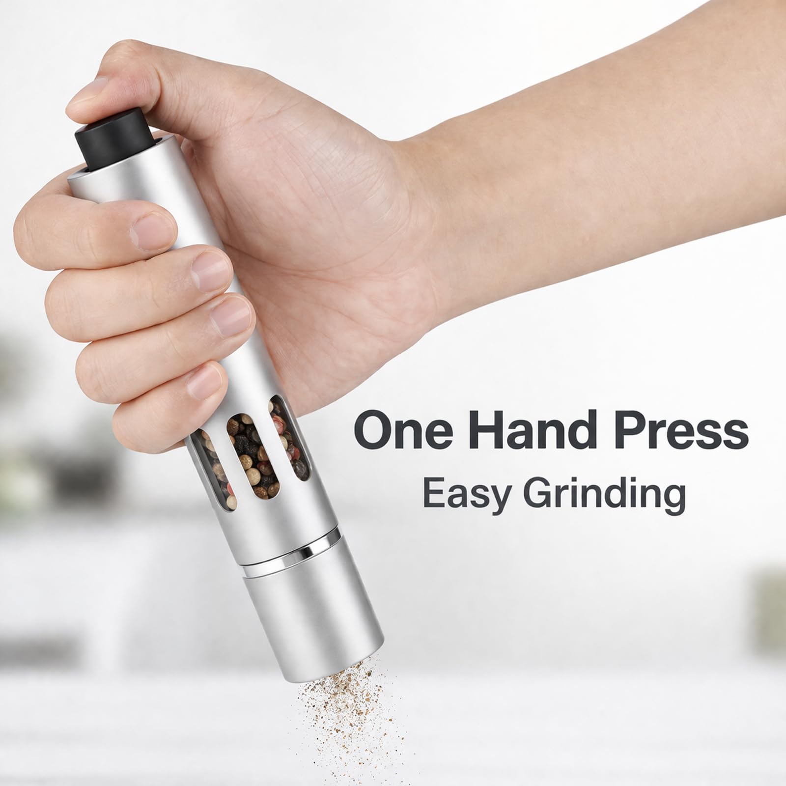 One hand push operation on salt and pepper grinders